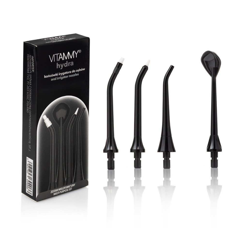 Pudełko czarnych dysz do irygatora jamy ustnej z białymi końcówkami i czarne pudełko z tekstem.