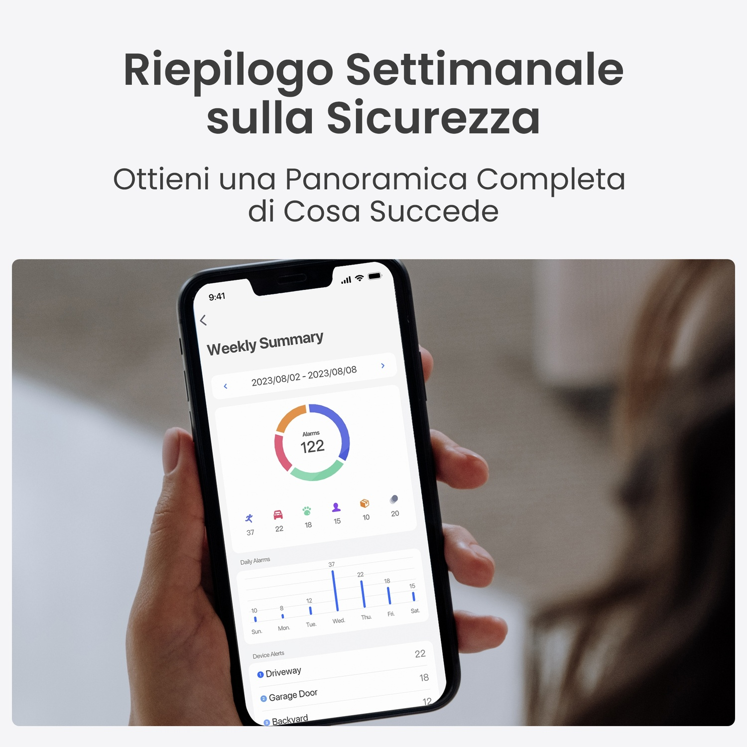Una mano tiene un telefono che mostra un riepilogo settimanale della sicurezza con allarmi, grafici e avvisi sui dispositivi.