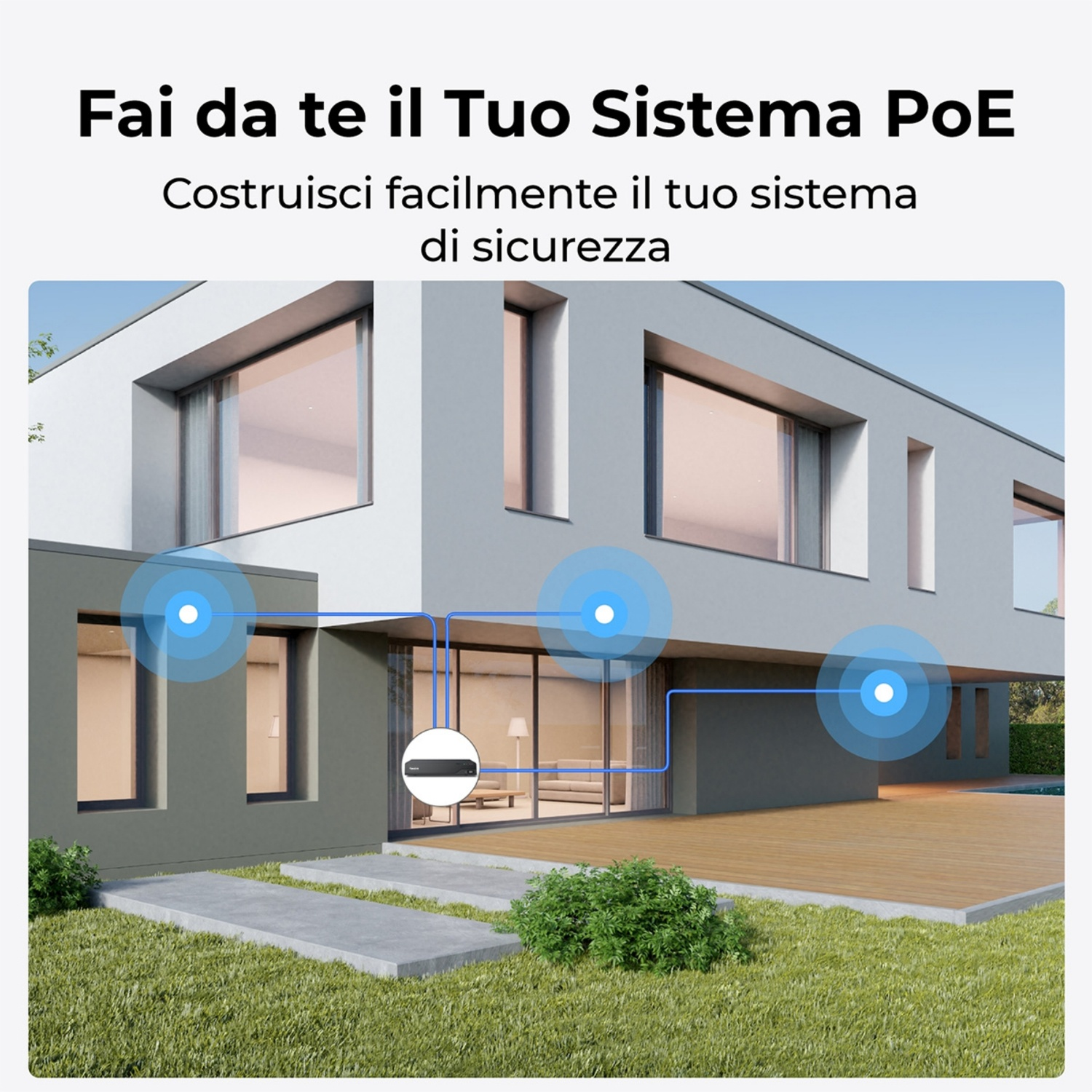 Una casa moderna con un diagramma del sistema di sicurezza. Linee blu collegano il dispositivo alla casa.