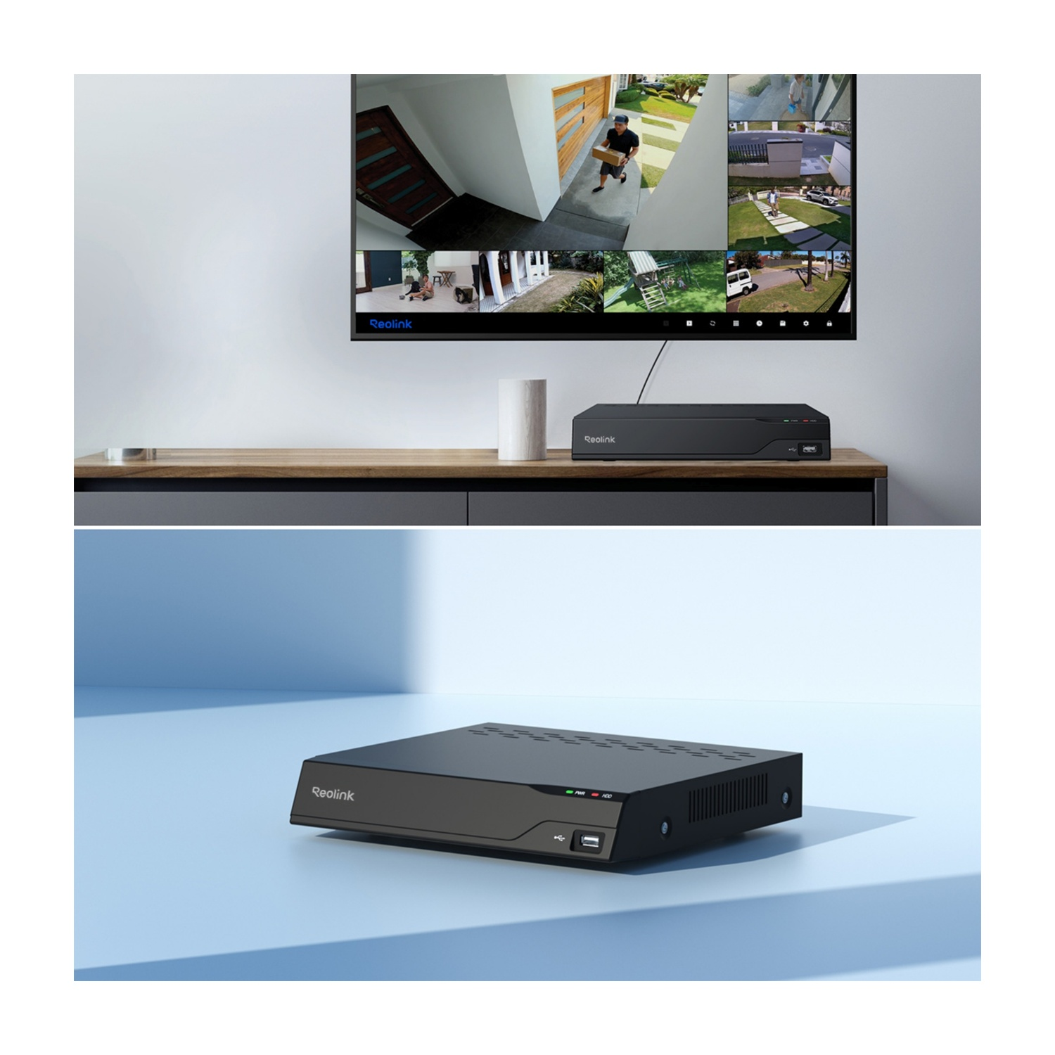 Un DVR Reolink nero si trova su un tavolo sotto un televisore che mostra più visualizzazioni di telecamere di sicurezza. Un cilindro bianco è a sinistra.