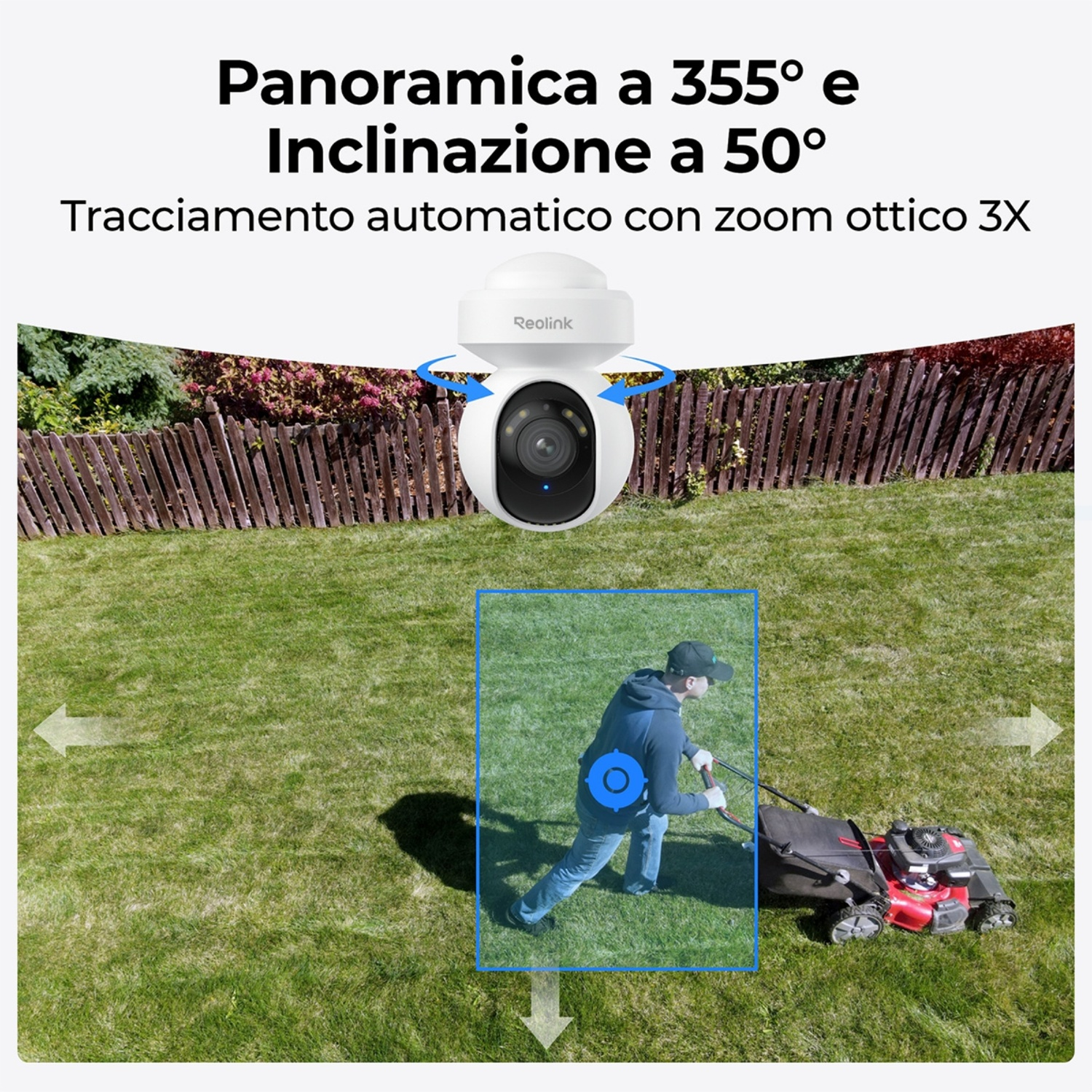 Un uomo taglia l'erba con un tosaerba rosso, seguito da una telecamera di sicurezza bianca, in un cortile di erba verde con una recinzione.