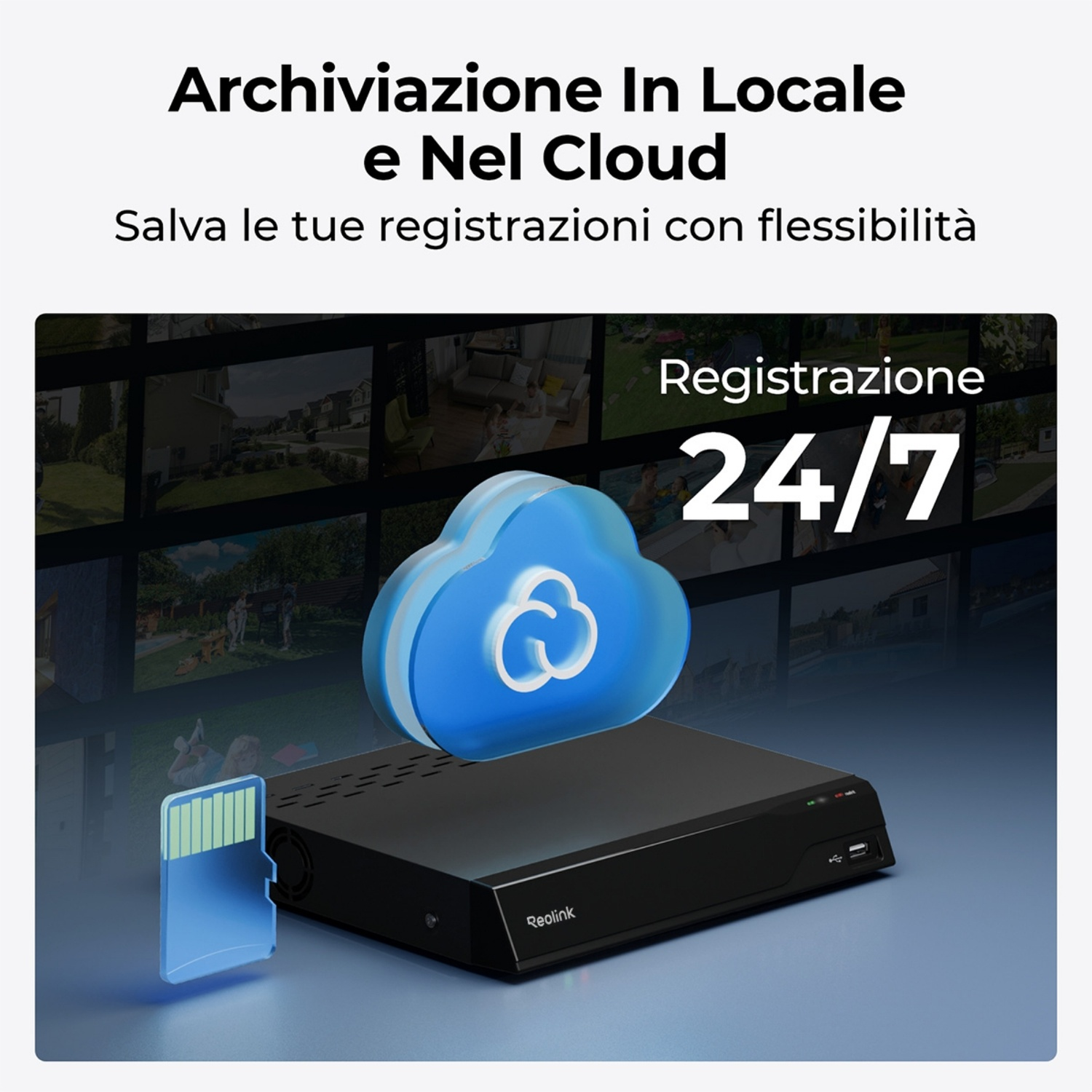 L'immagine mostra una nuvola e un registratore. Il testo dice 'Archiviazione In Locale e Nel Cloud'. Registrazione 24/7 disponibile. È presente una scheda SD.