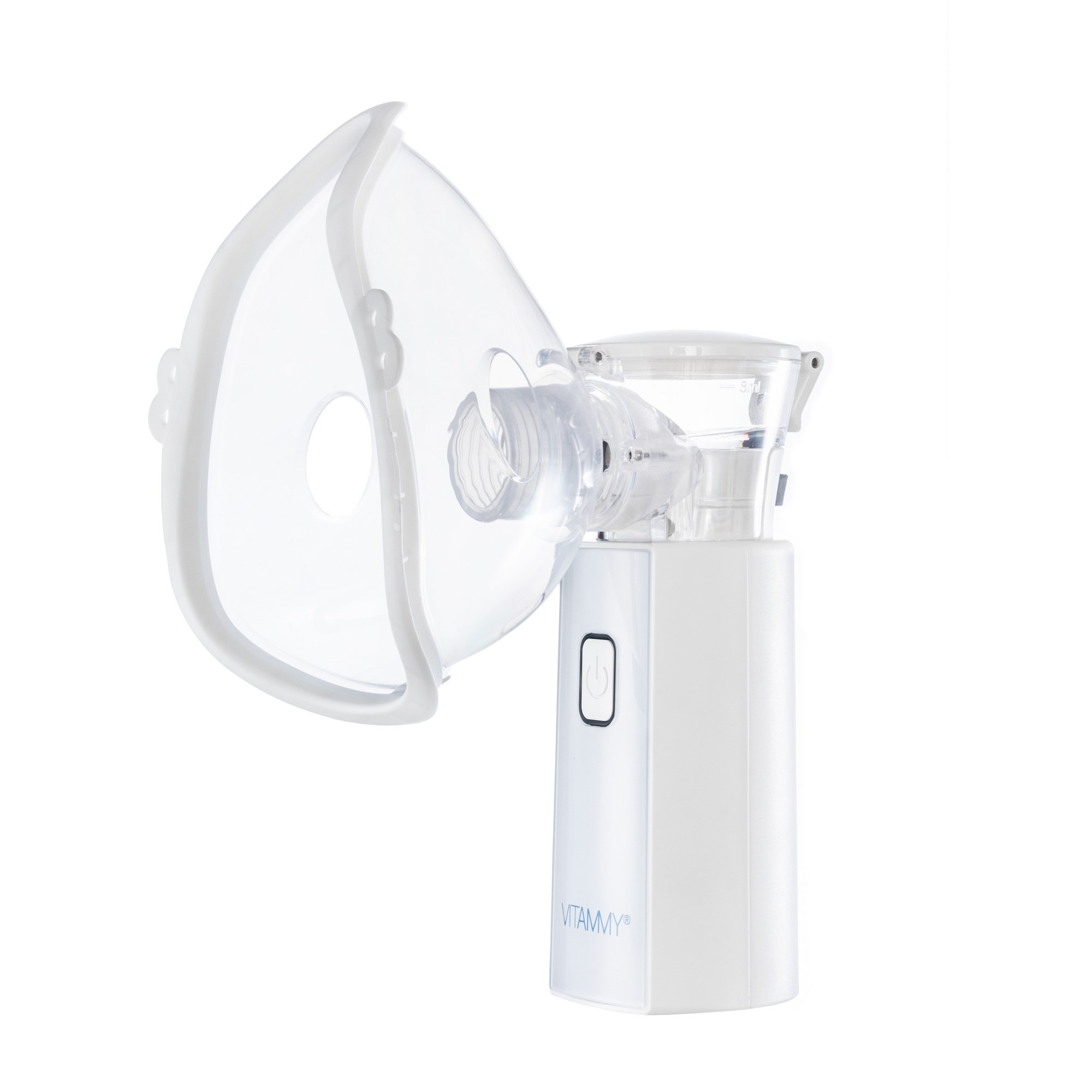 Biały nebulizator z maską. Nebulizator ma przycisk zasilania i nazwę marki. Maska jest przezroczysta.