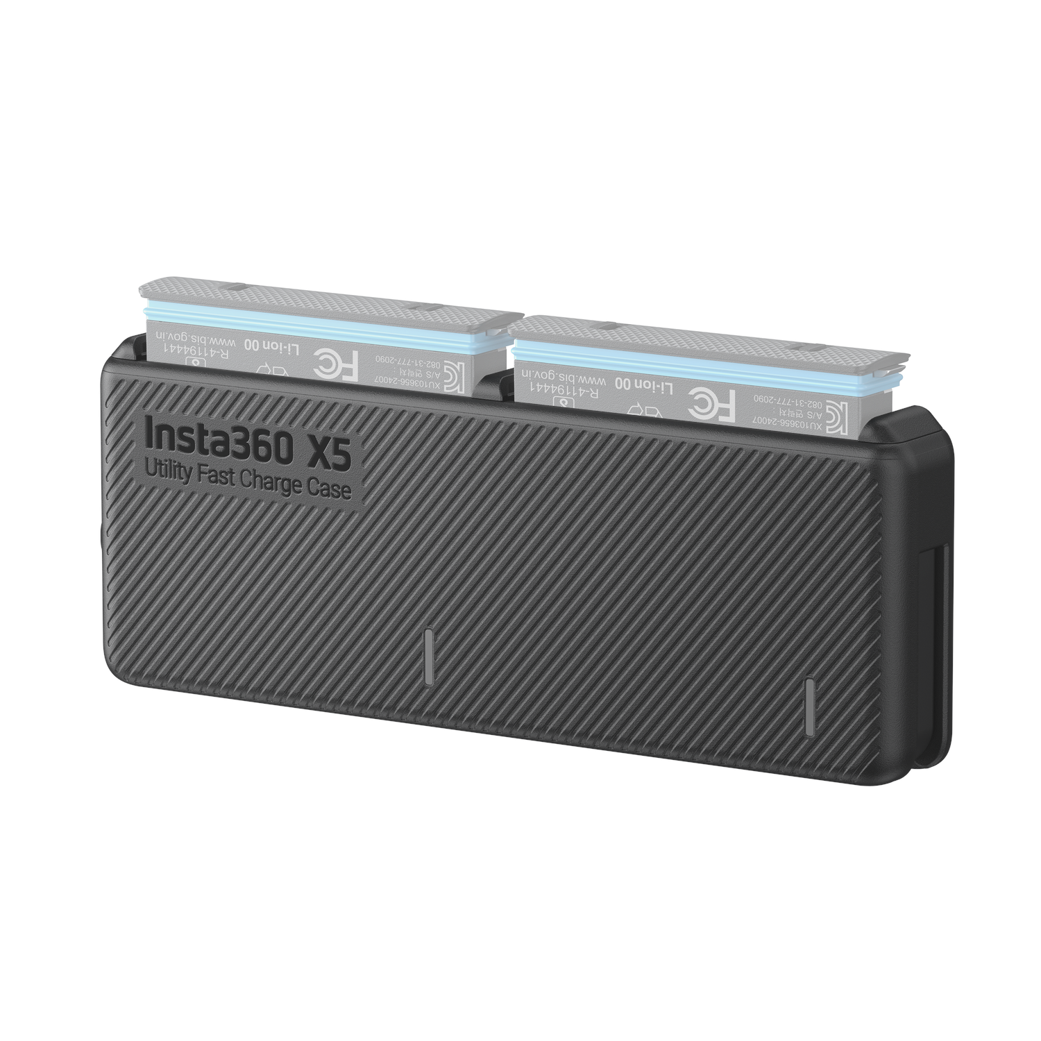 A black Insta360 X5 charger case with two batteries. Each battery has gray and white labels.