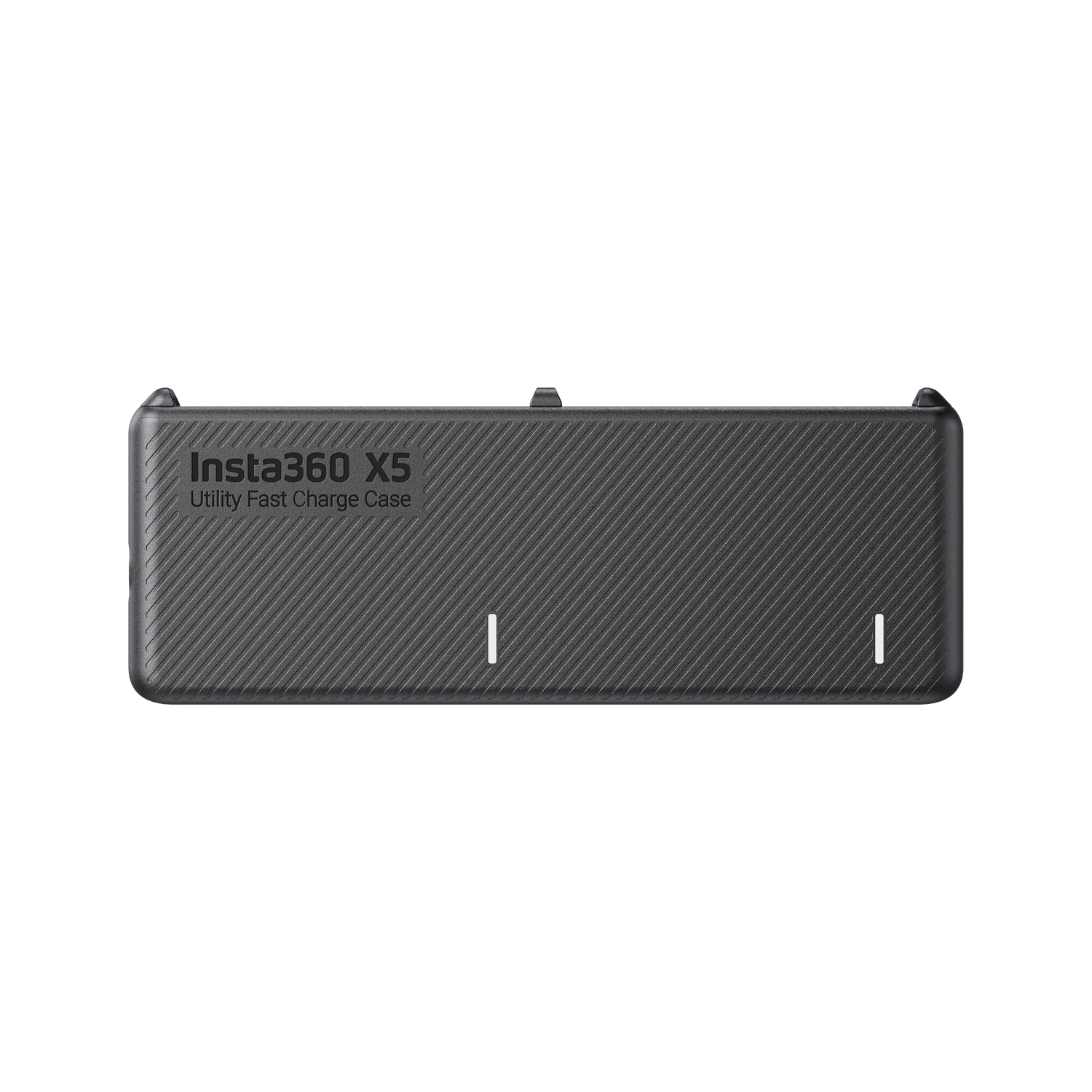 A black Insta360 X5 Utility Fast Charge Case is centered on a white background. It has a textured surface with a logo and two white lines.