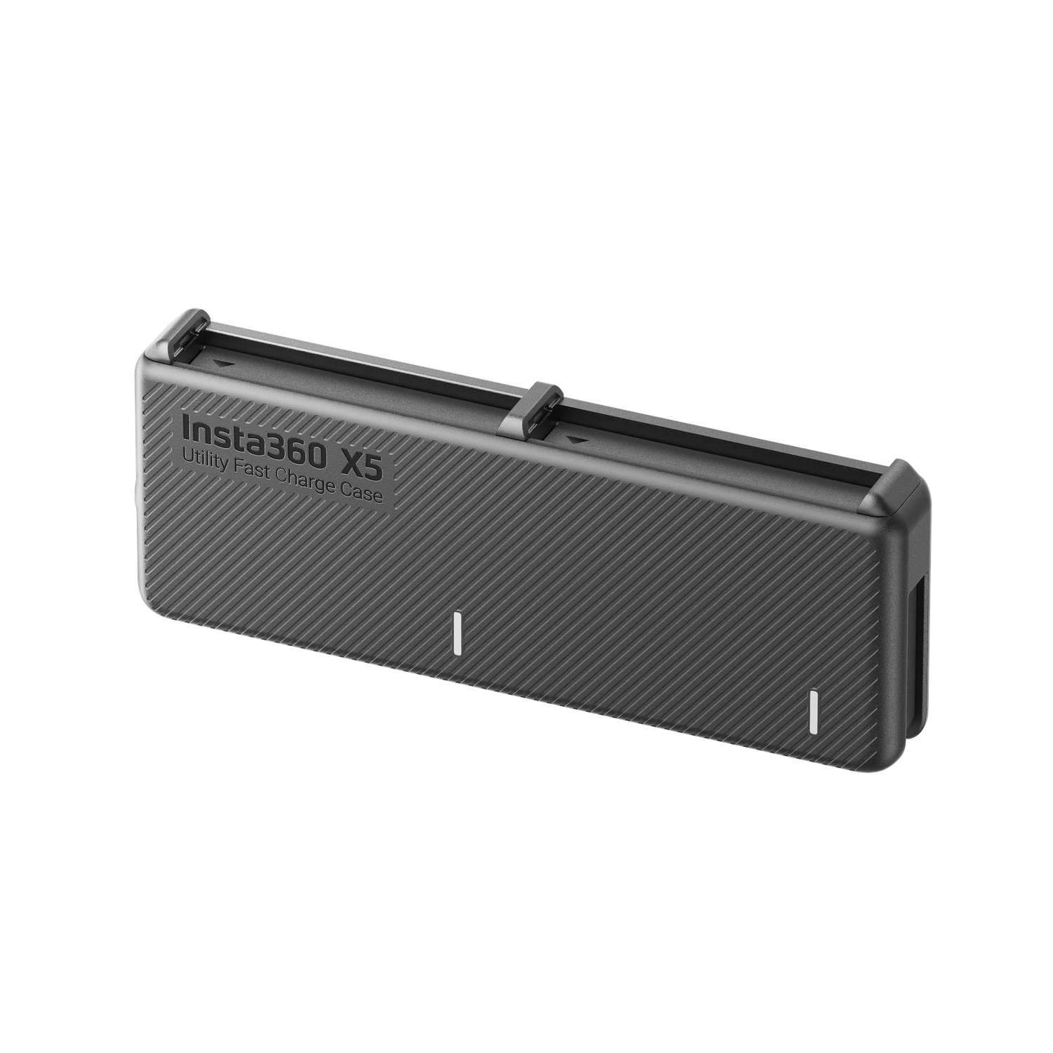 A gray Insta360 X5 charging case. It's rectangular with diagonal lines and white indicator lights. The text 'Insta360 X5' is visible.