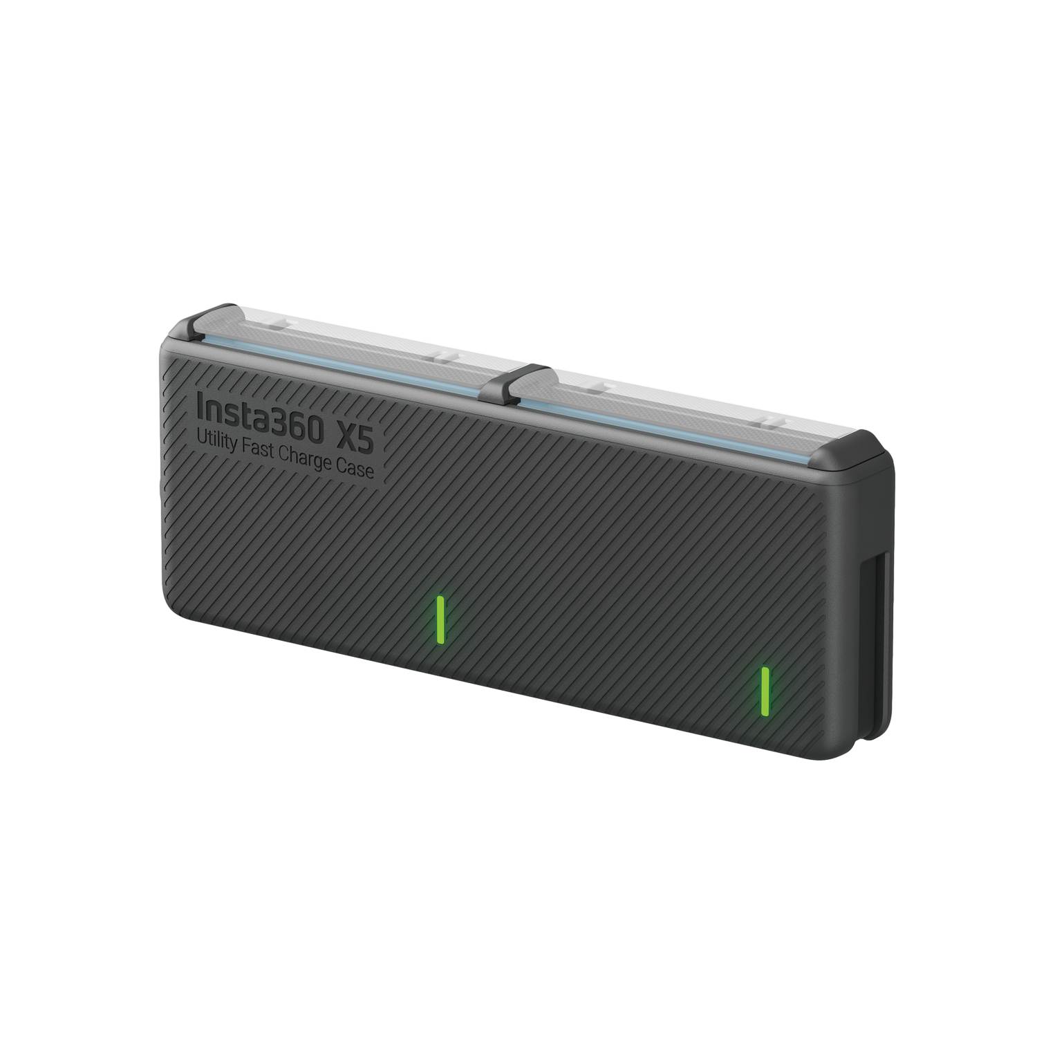 A black Insta360 X5 Utility Fast Charge Case. It has two green lights and a white strip on top against a black background.