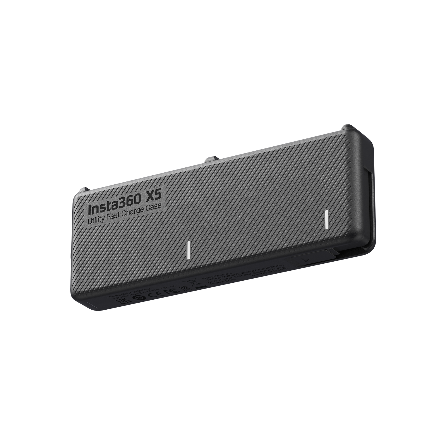 A gray Insta360 X5 Utility Fast Charge Case on a white background. It has angled lines and white indicator lights.