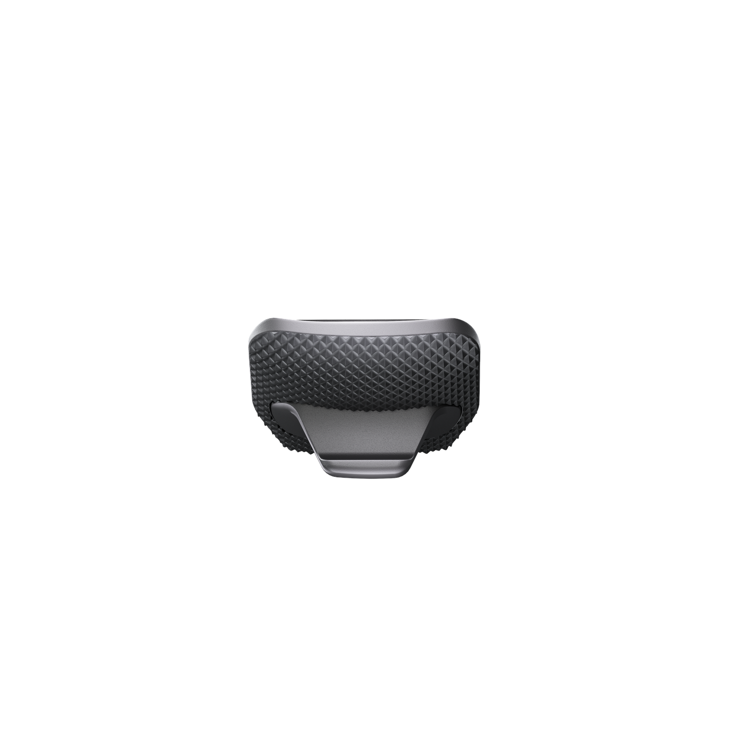 A dark gray device with a textured top and a smooth, silver-gray bottom, set against a white background.