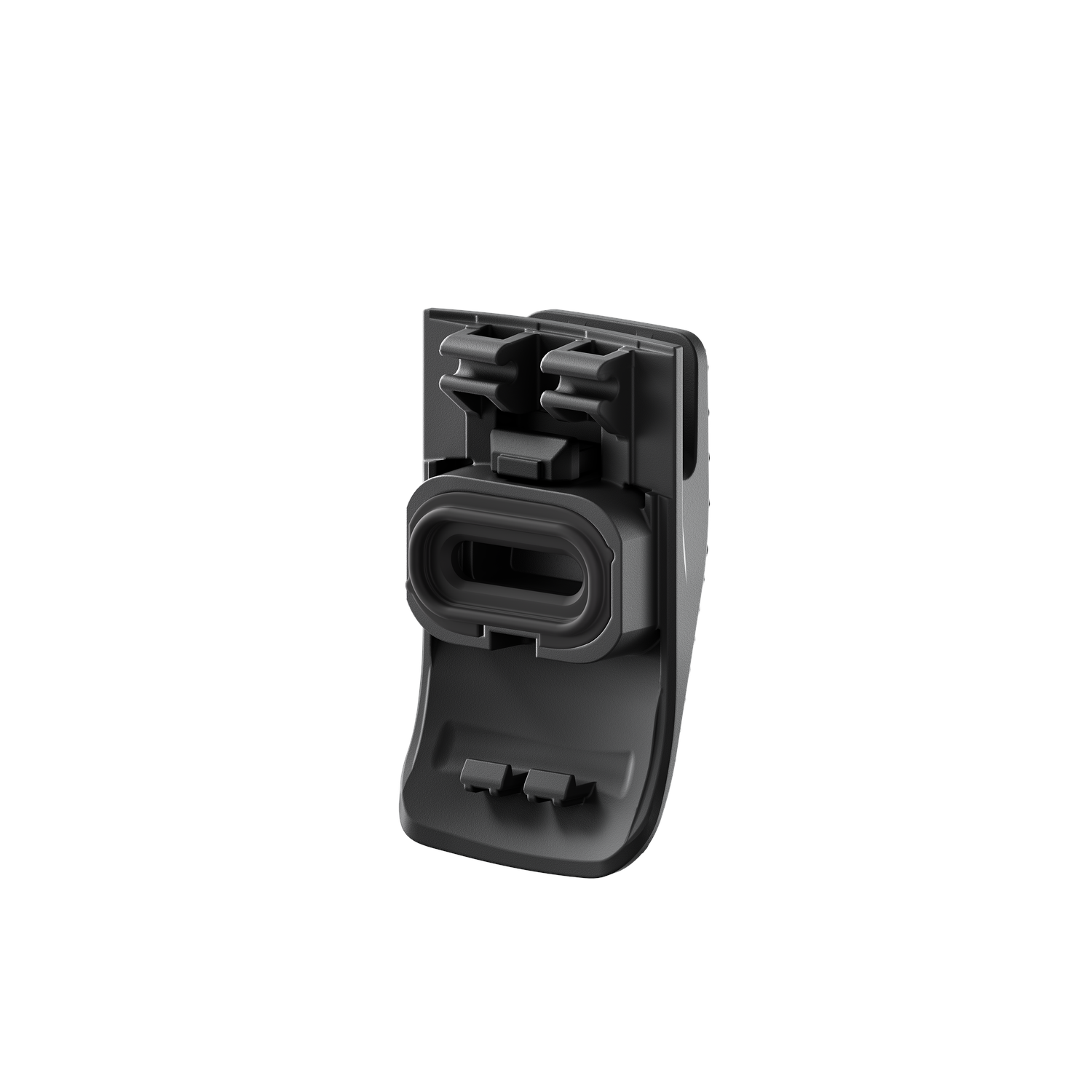 A black plastic car part, possibly a trim piece, with an oval opening and several mounting features on a white background.