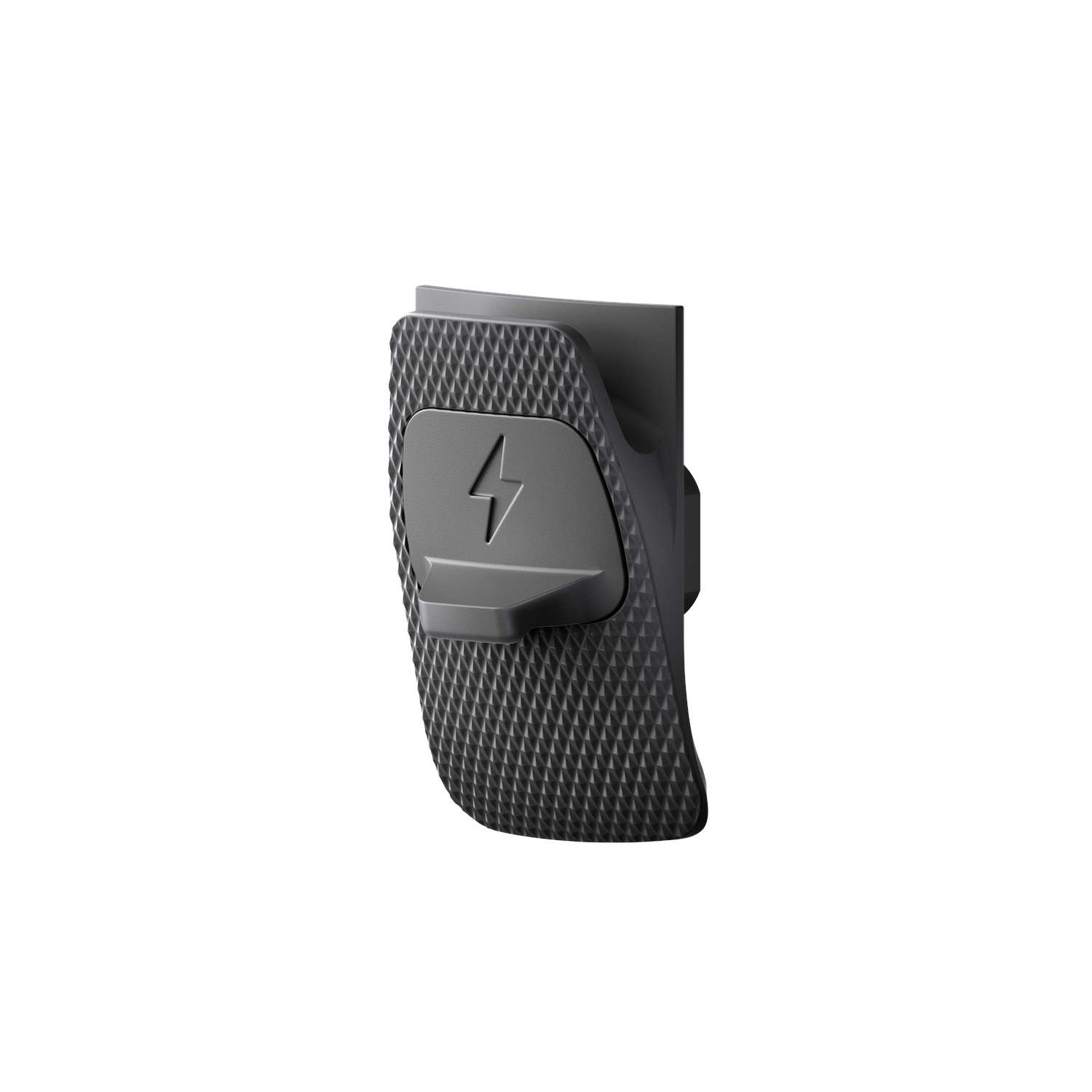 A dark gray device with a lightning bolt symbol. The device has a textured surface and is set against a white background.