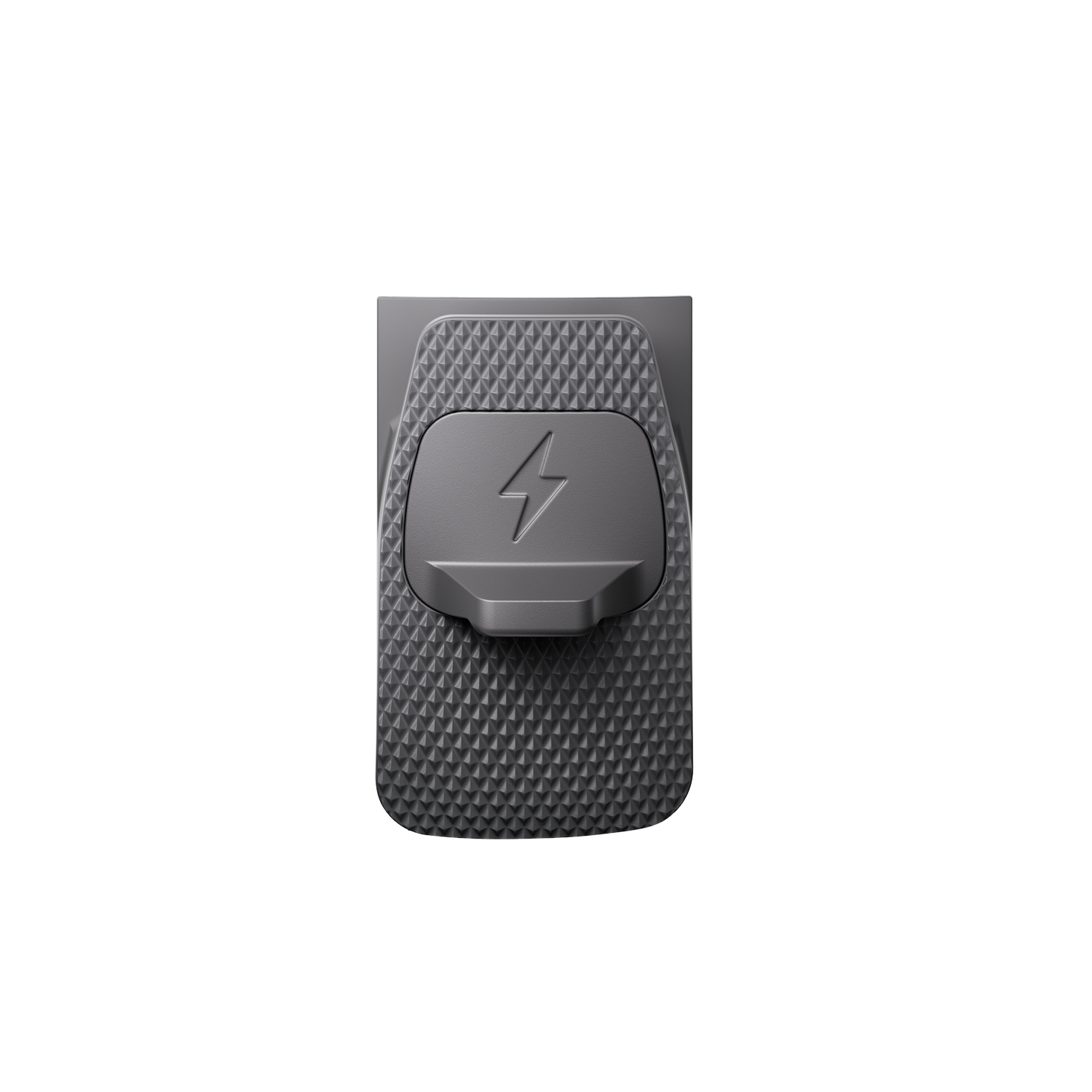 A dark gray rectangular device with a lightning bolt symbol on it. It has a textured surface and a smooth, central button.