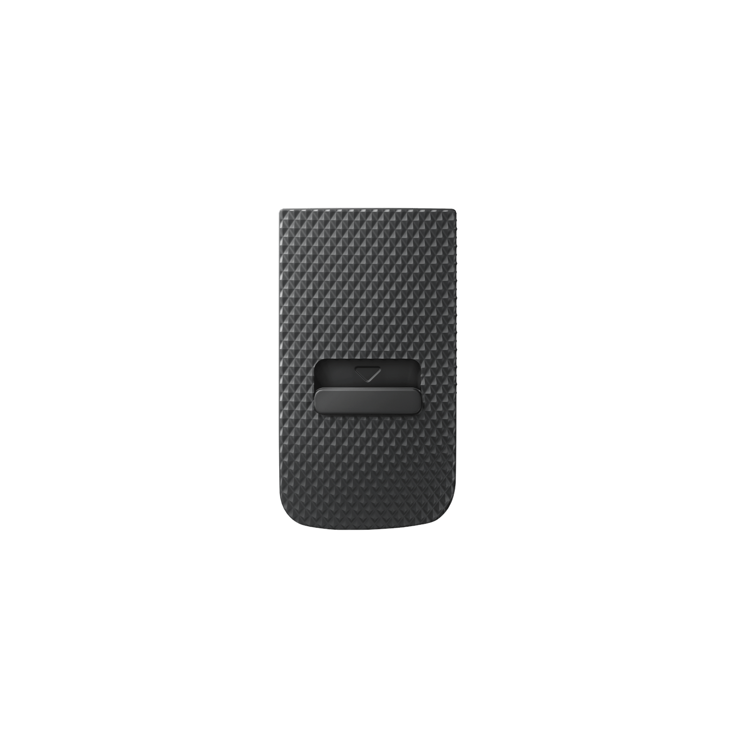 A black rectangular device with a textured surface and a small bar. The background is white.