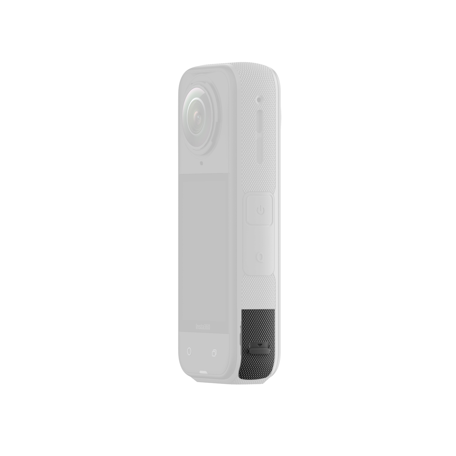 A gray Insta360 camera is shown on a white background. It has a screen, a power button, and a lens. The bottom has the Insta360 logo.