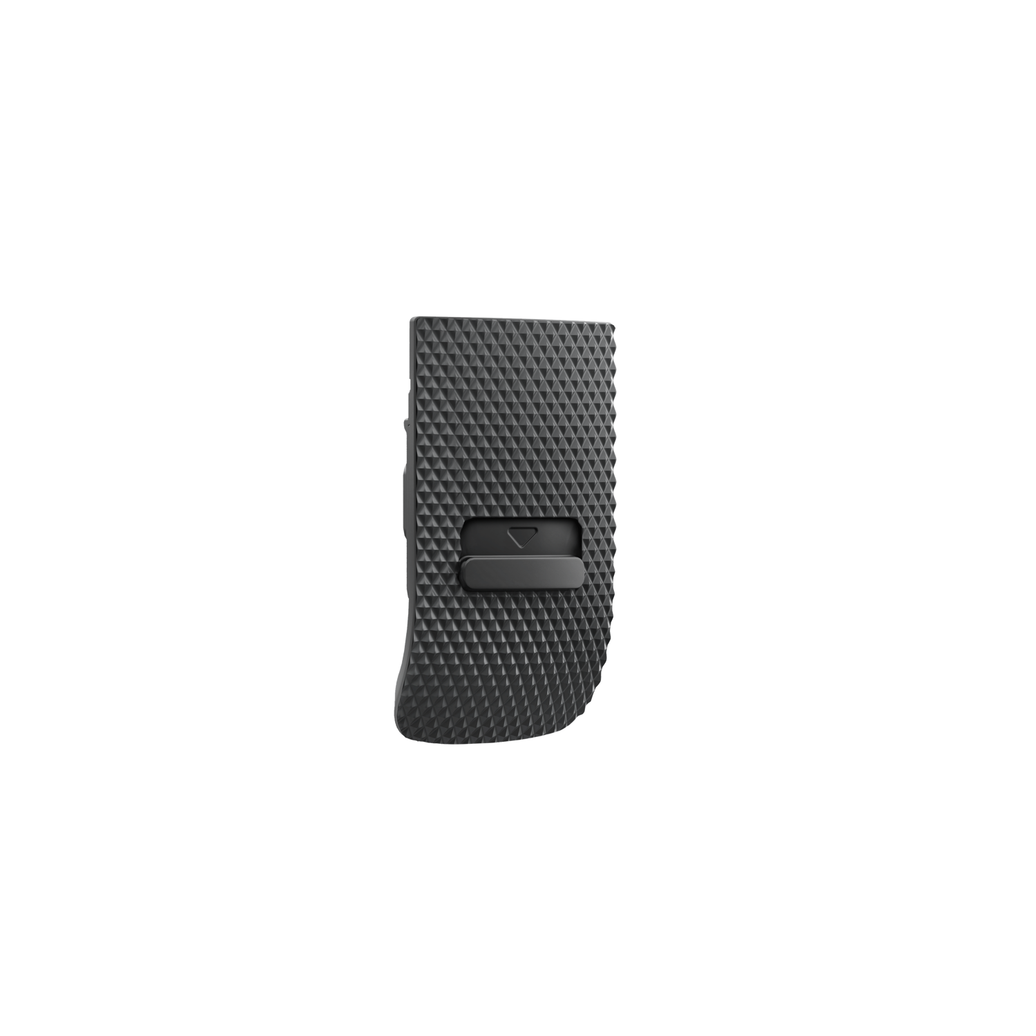 A black, textured device with a geometric pattern and a small, dark button. The background is solid black, isolating the object.