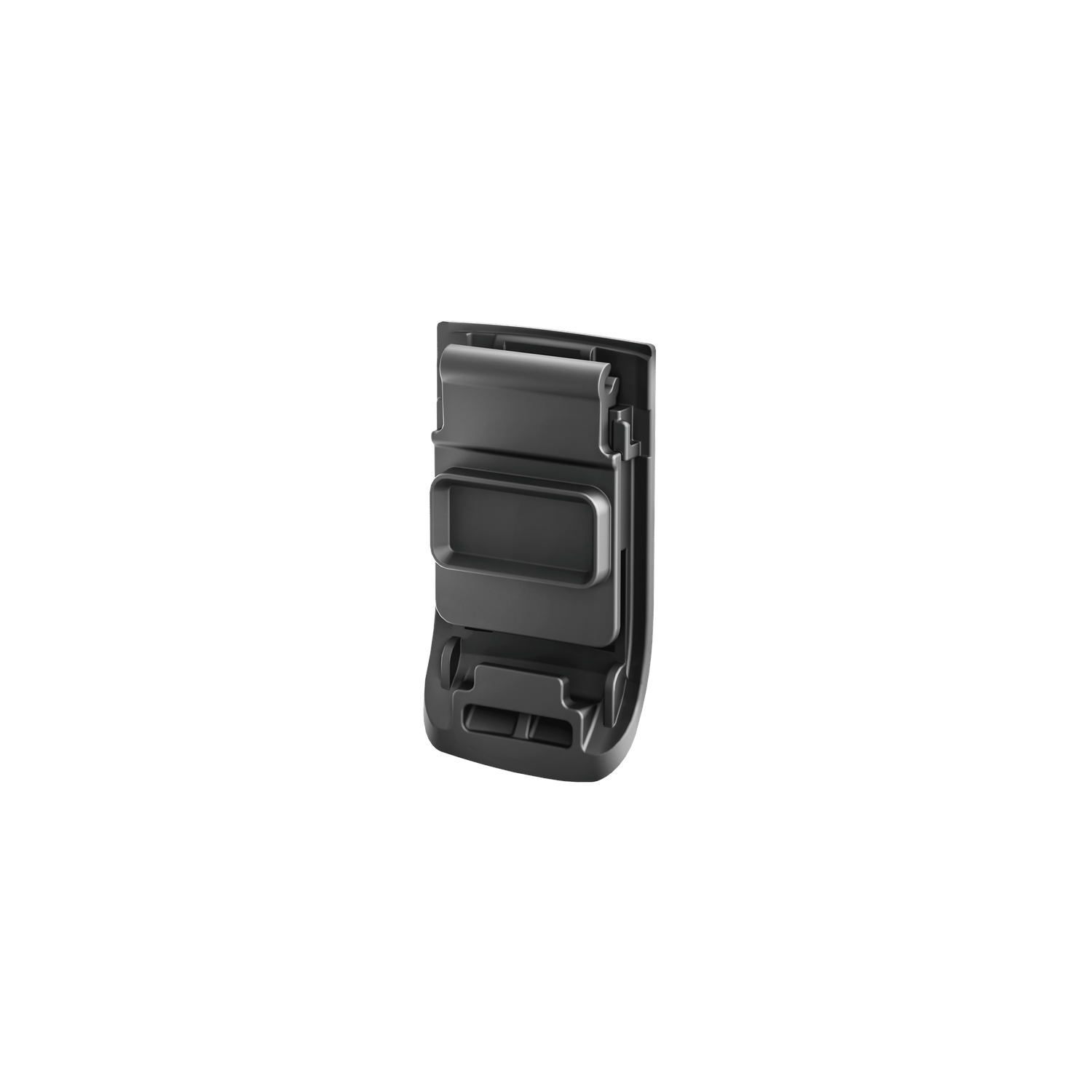 A black plastic device with a rectangular shape and multiple sections is isolated on a white background. It is a detailed shot.