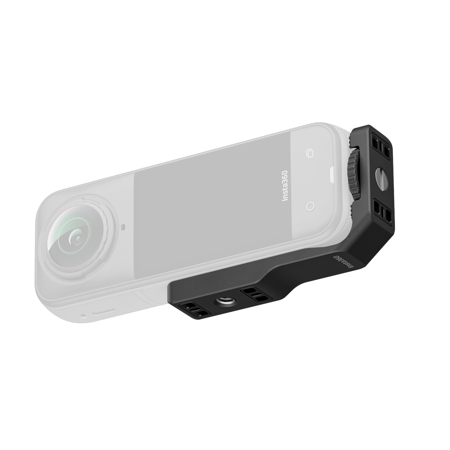 A black Insta360 camera with a black accessory attached. The camera is gray. The background is plain white.