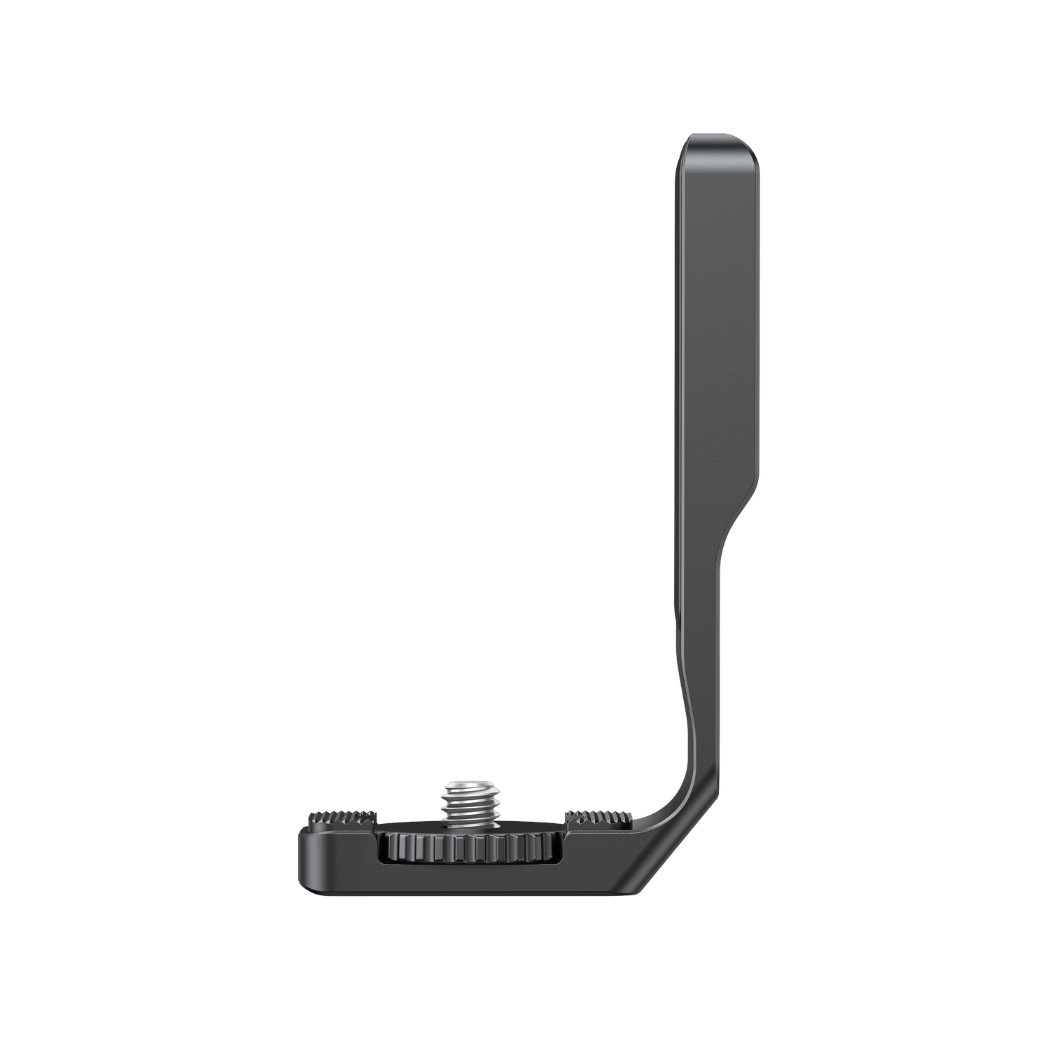 A black metal L-shaped bracket with a screw and textured surface. The background is white.