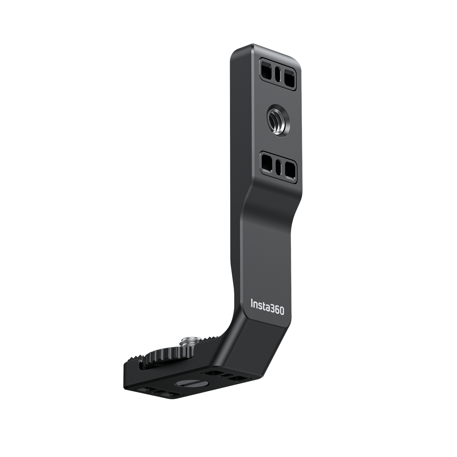 A black L-shaped metal bracket with screw holes and the Insta360 logo. It has a mounting plate and a vertical arm.