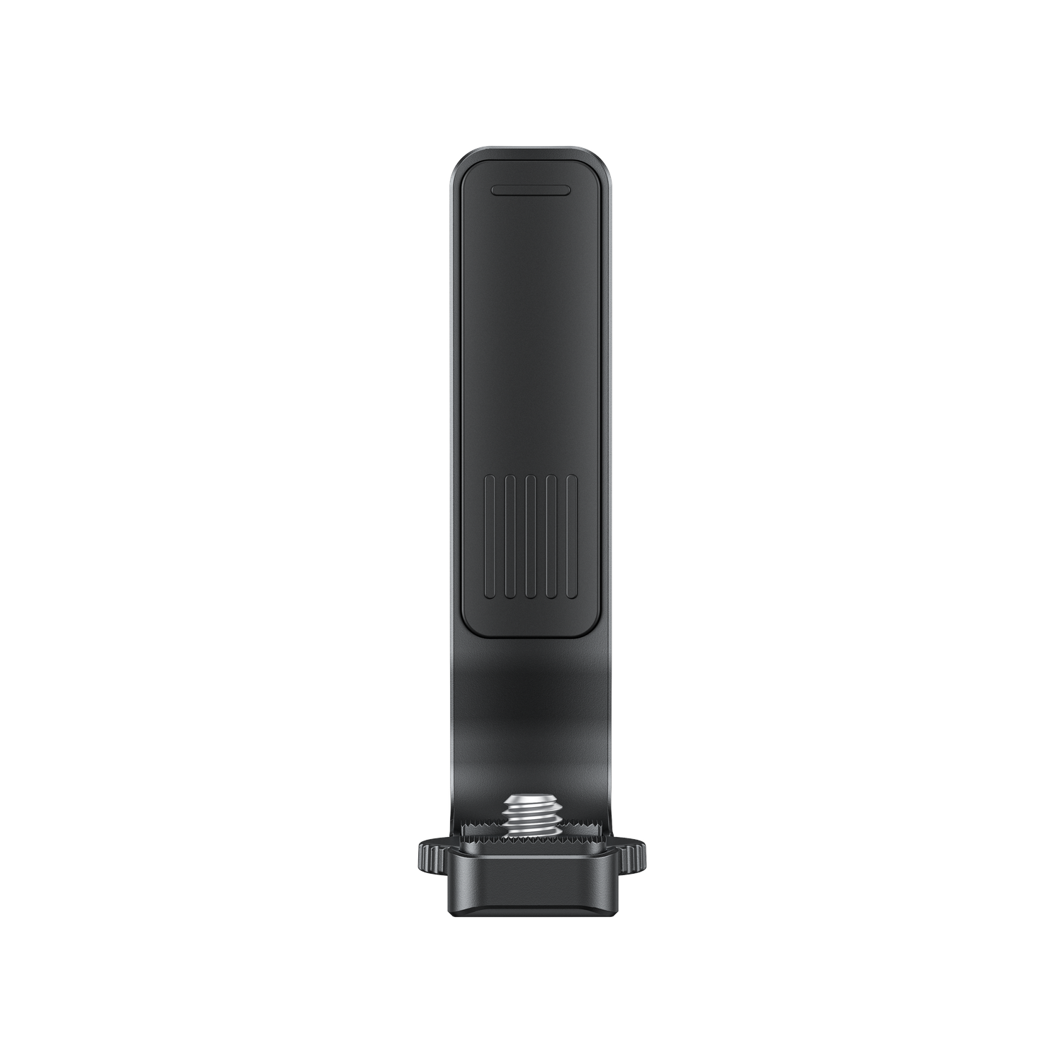 A black camera accessory, likely a clip or bracket. It has a rectangular body with a screw at the bottom, and a grooved section.