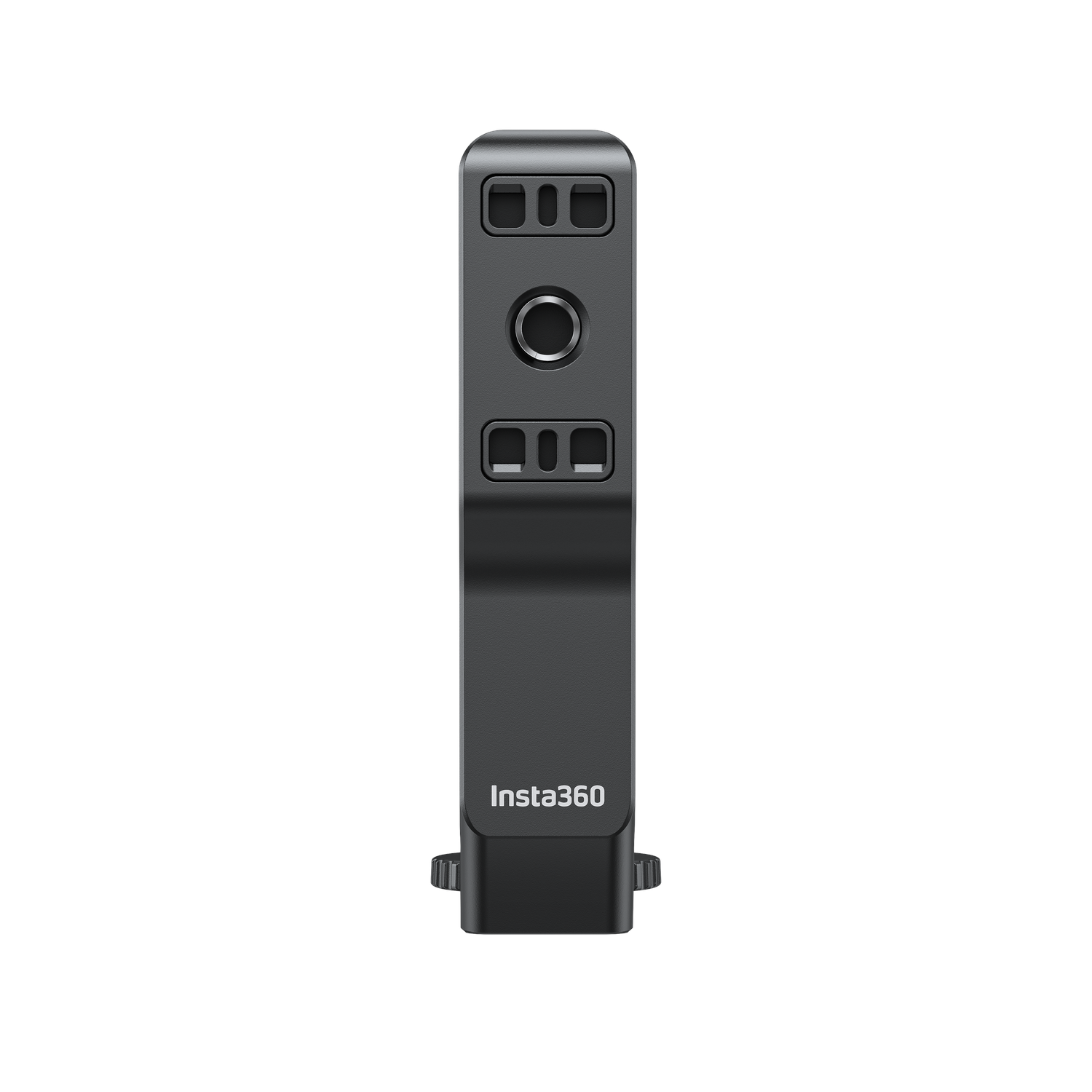A black Insta360 device stands vertically against a white background. It has buttons and a circular element in the center.
