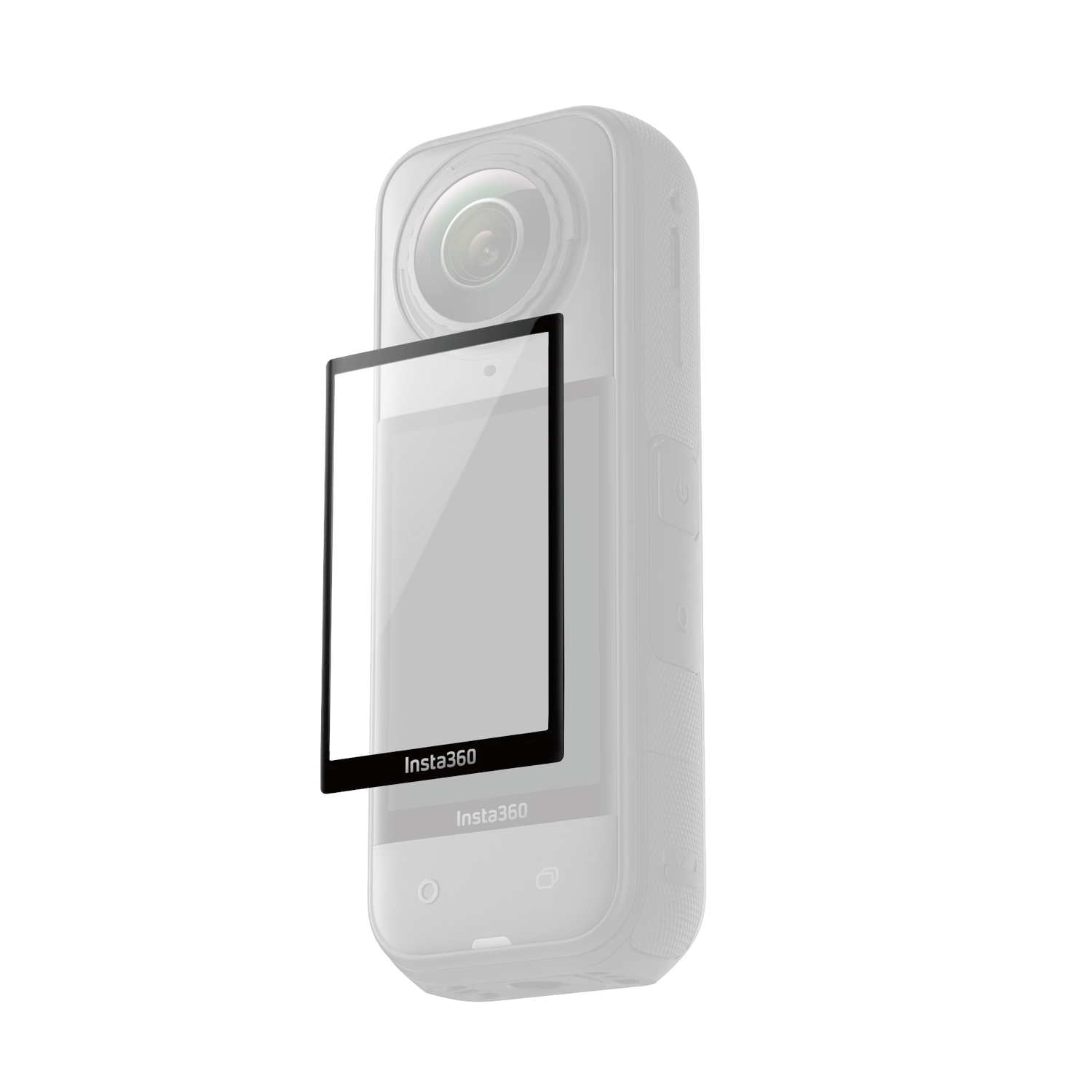 Een 360-graden camera met een schermbeschermer. De schermbeschermer is zwart met het Insta360-logo.
