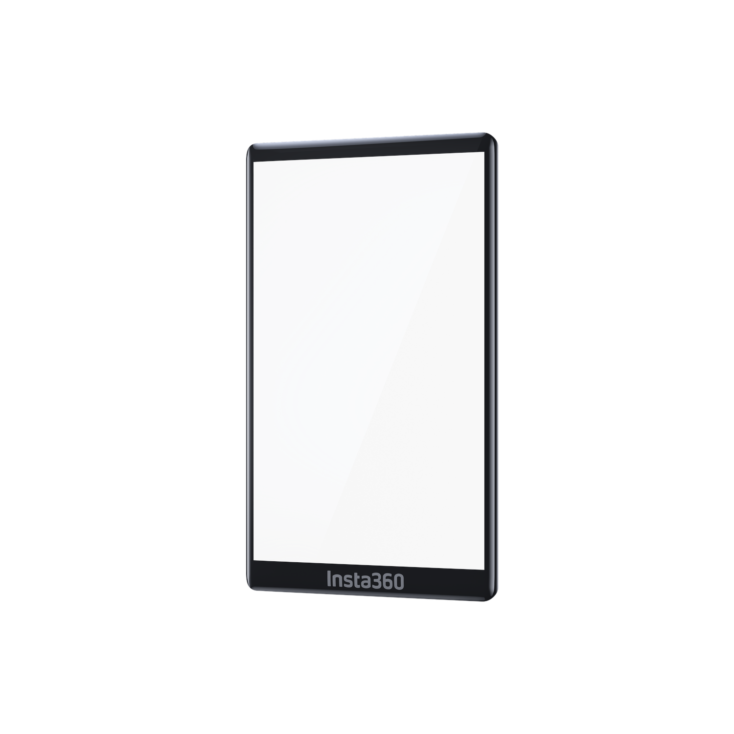 Une tablette Insta360 noire avec un écran blanc, légèrement inclinée. L'écran est vide et le fond est blanc uni.