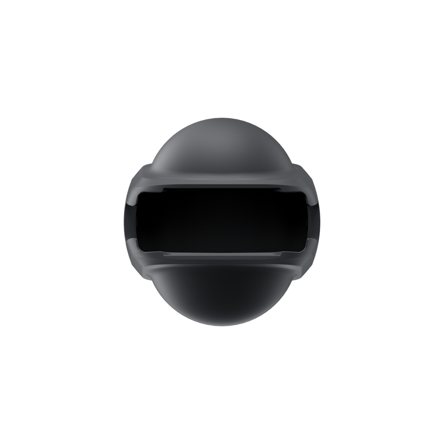A top-down view of a black, rounded object with an open, rectangular center, isolated on a white background.