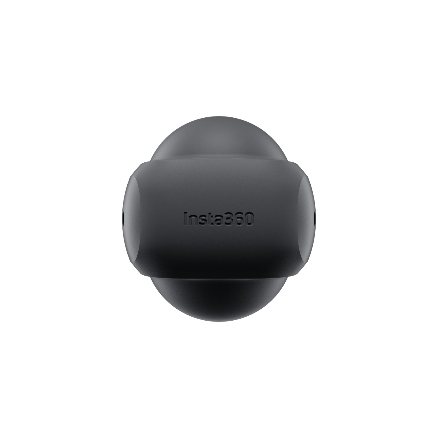A black Insta360 camera, top view. The device has a rounded shape with the brand name on the front. White background.