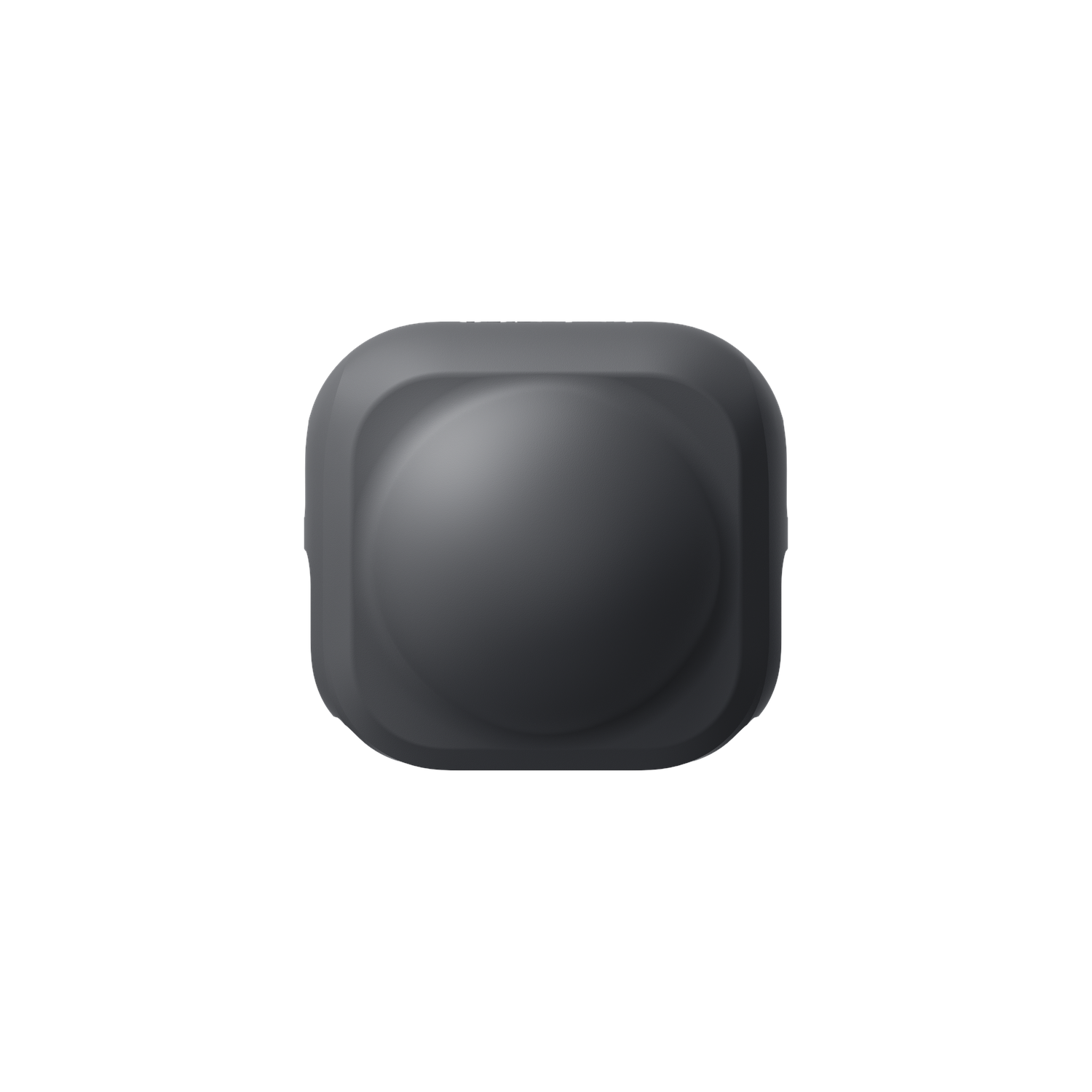 A dark gray, square-shaped object with rounded corners, set against a white background. The object has a raised, circular center.