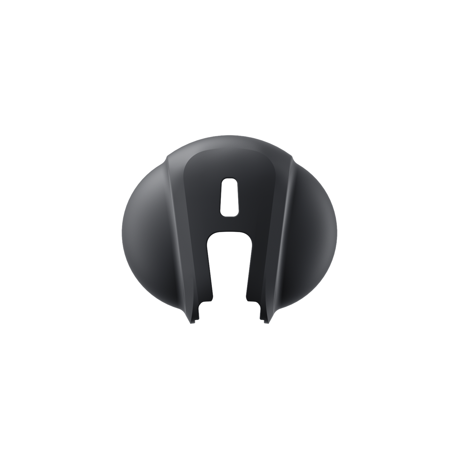 A dark gray, plastic part. It has a rounded top, a wide, oval-shaped base, and a large, rectangular hole in the center.