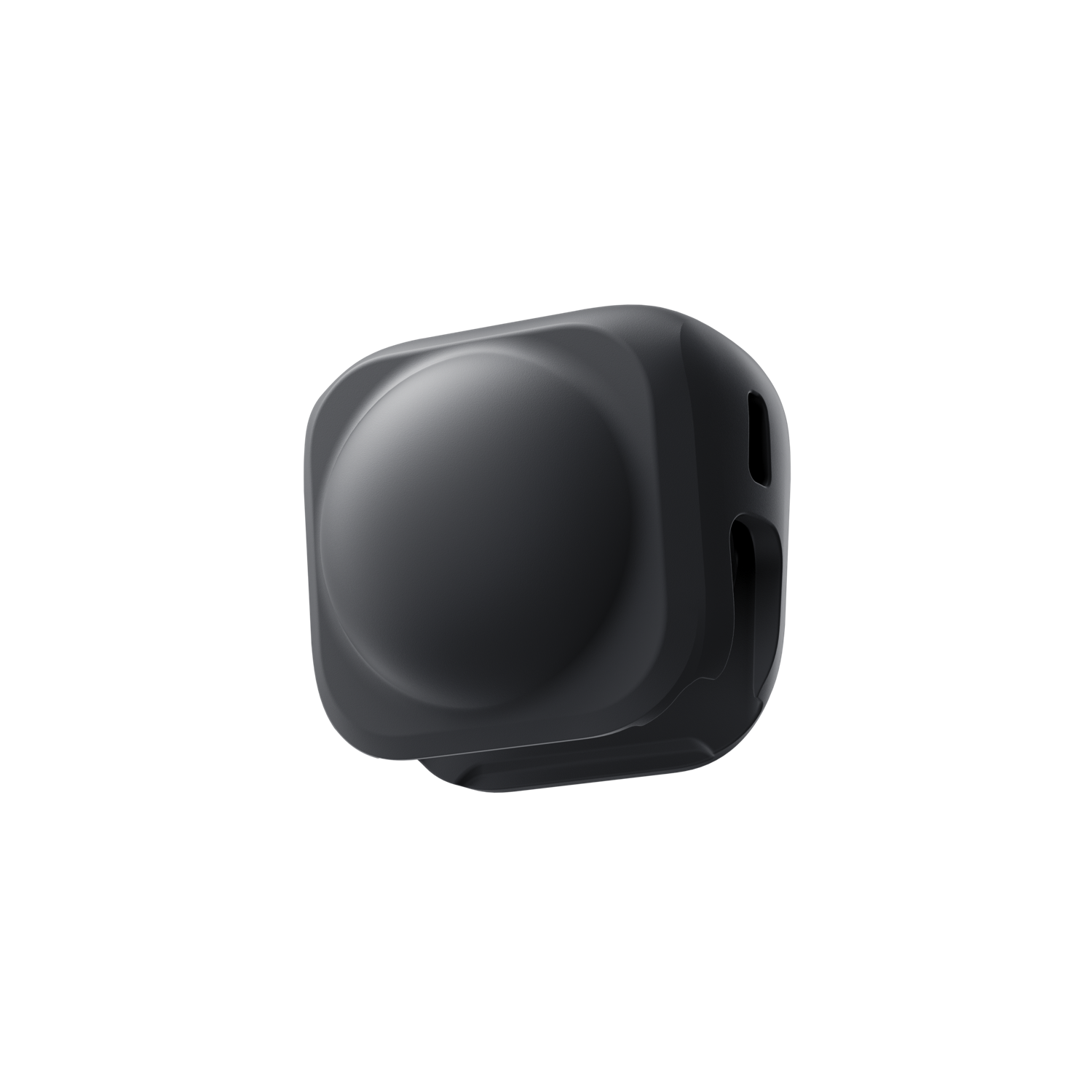 A dark gray, rounded rectangular device with a circular center, set against a black background. The device has two openings.