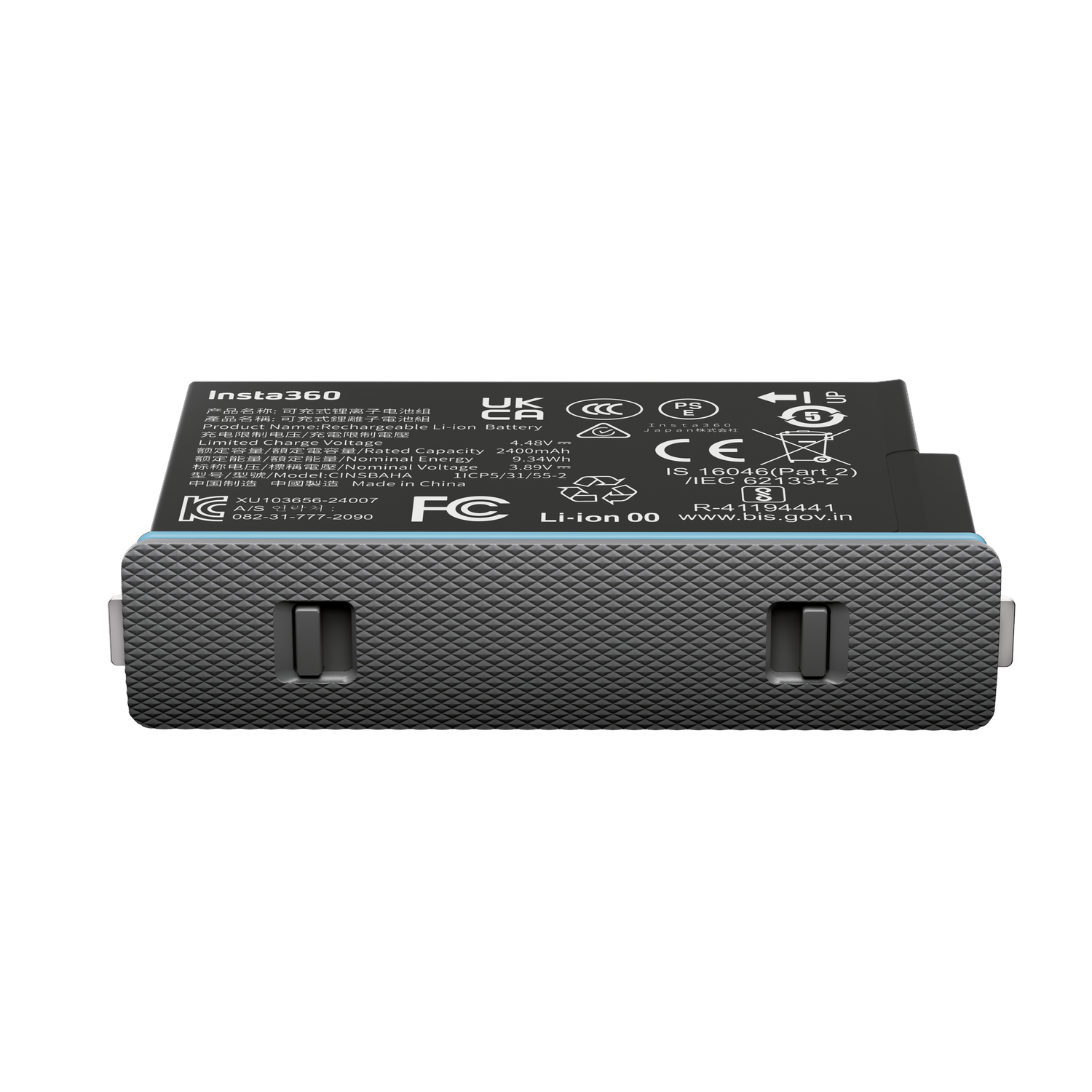Een zwart-grijze Insta360 batterijpack met tekst en symbolen, inclusief technische specificaties. De achtergrond is wit.