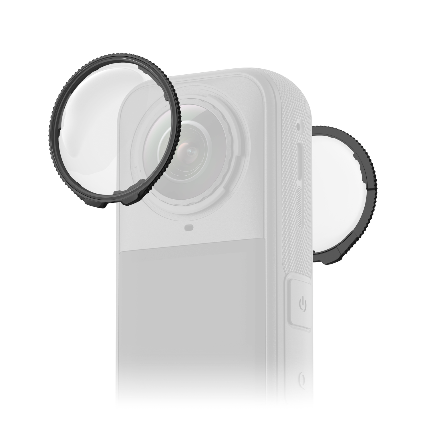 A gray action camera with two black lens filters. The camera body is light gray with a power button. Lenses are clear.