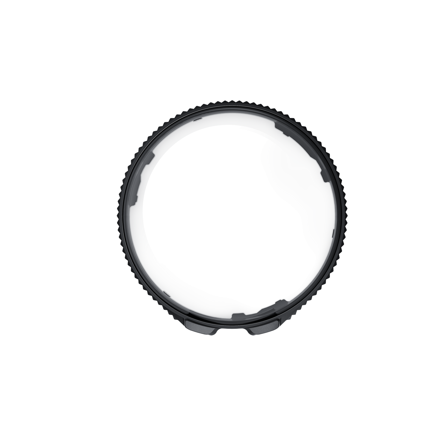 A circular black object with a textured outer edge and a white inner ring sits against a black background. It looks like a lens.