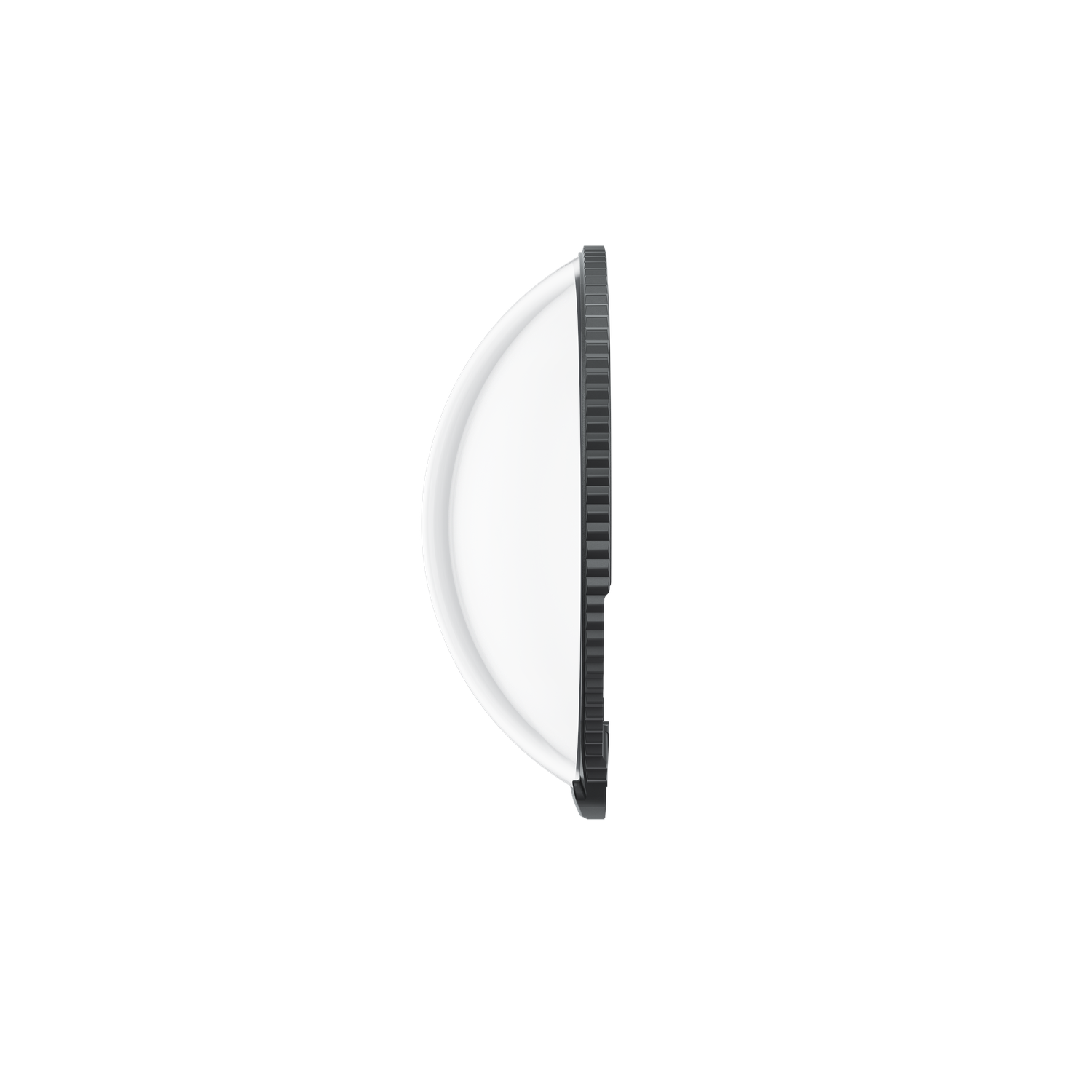 A clear, rounded lens with a black and gray textured side, set against a plain white background.