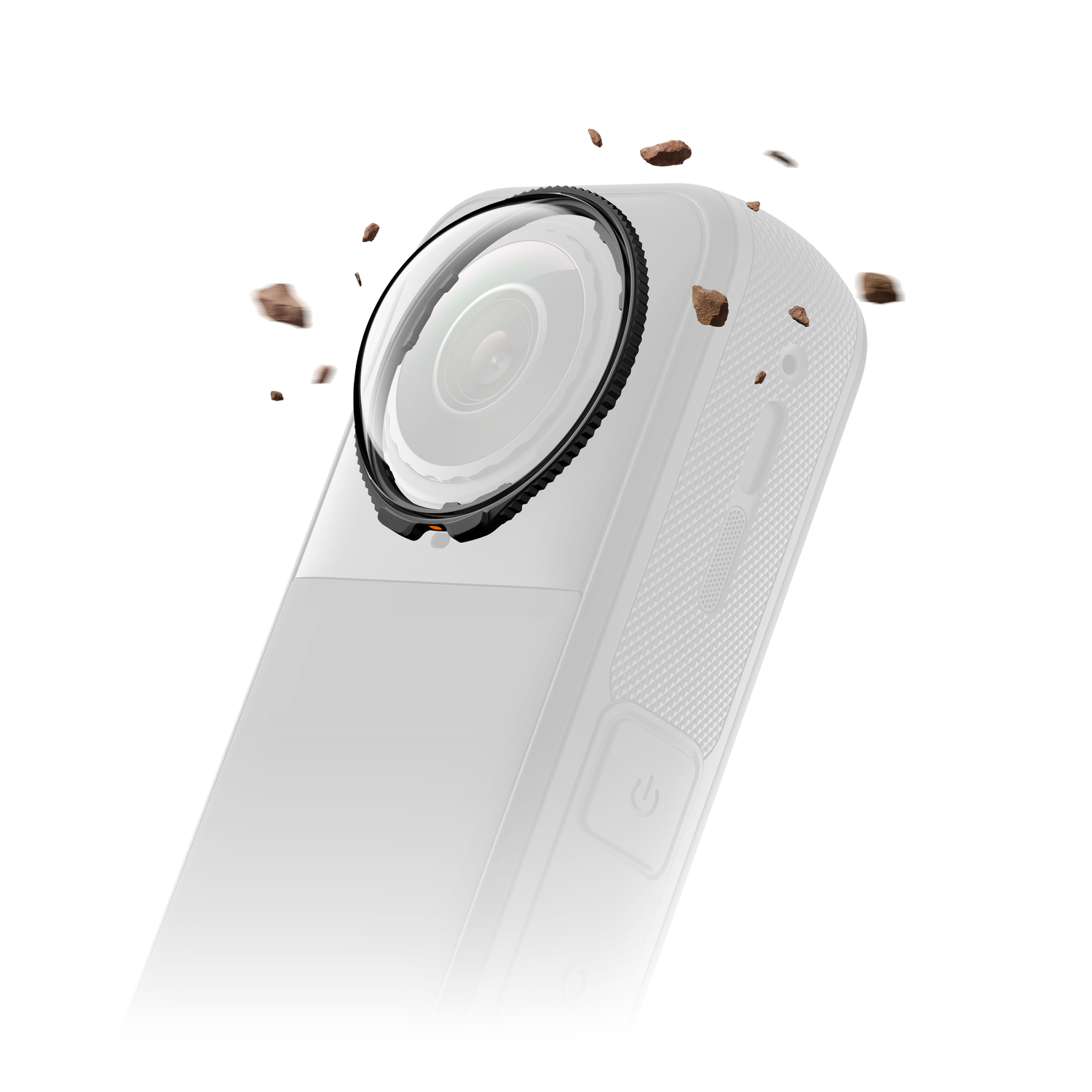 A white camera with a black lens is shown. Small rocks are floating around the camera. The camera has a power button.
