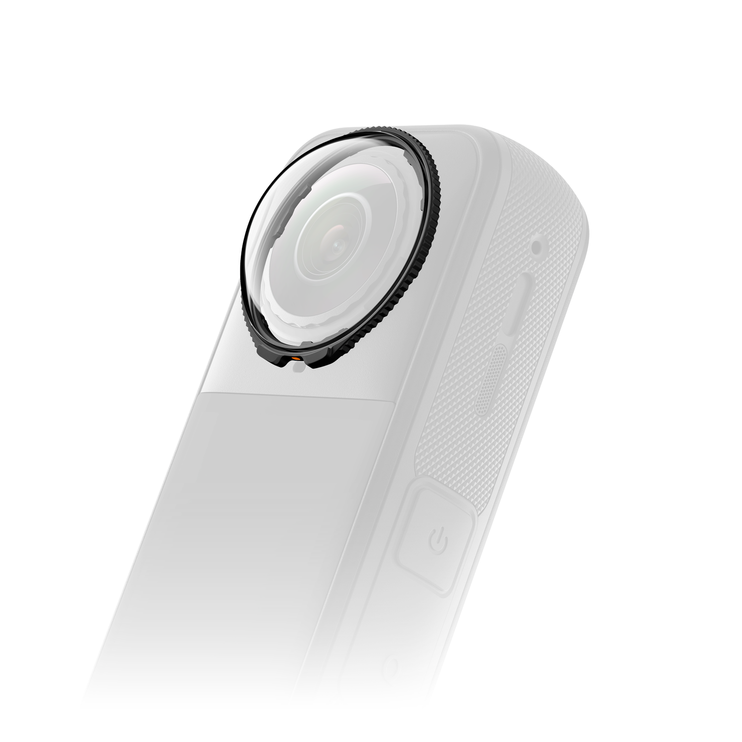 A close-up of a camera device. The lens is prominent with a black ring. The device is light gray with a power button visible.