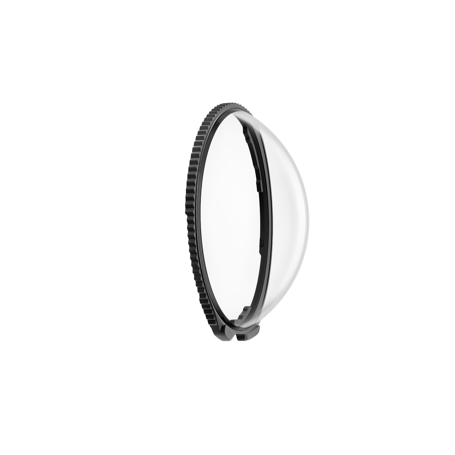 A clear, dome-shaped lens filter with a black, toothed frame. The background is plain white, and the filter is angled to the right.