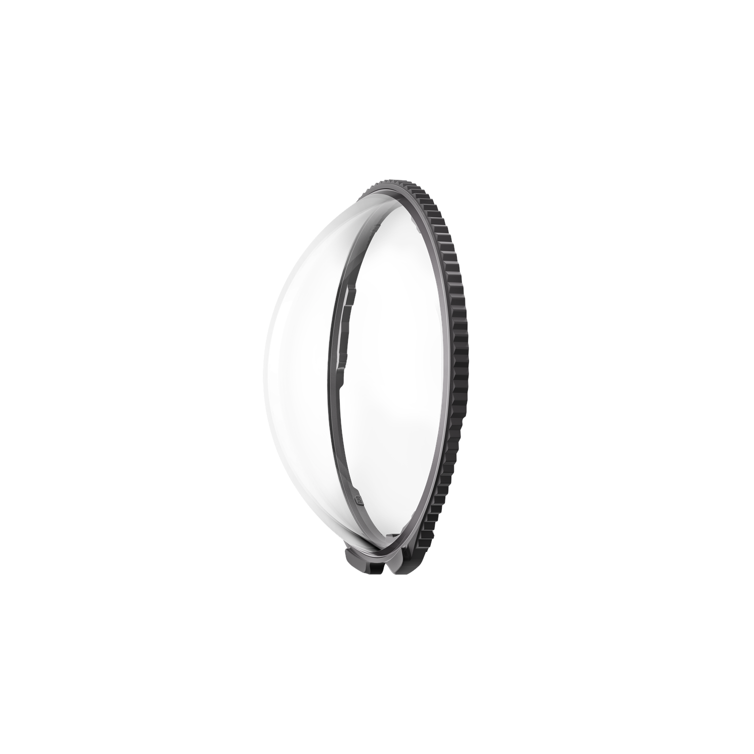 A clear dome lens with a black circular frame and a black ribbed edge, isolated on a white background.