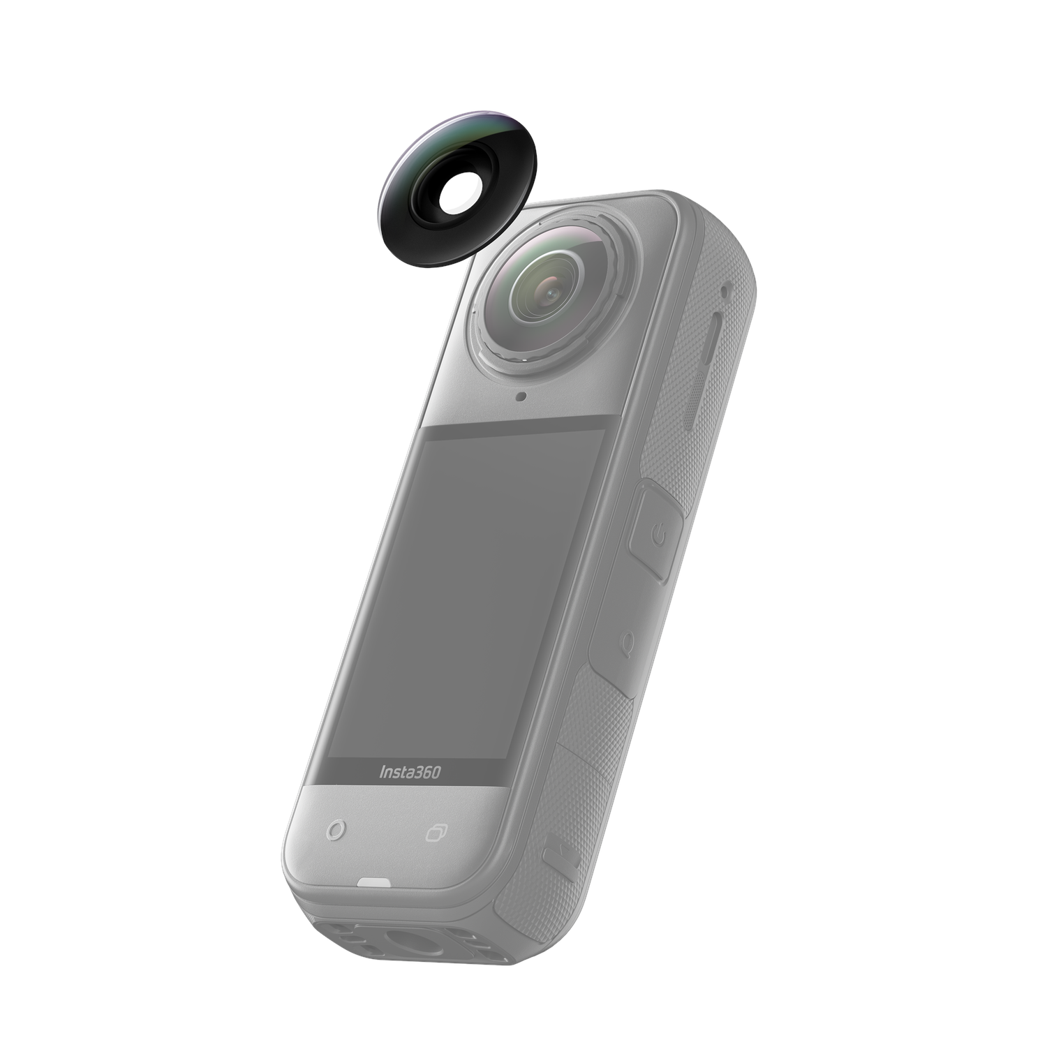 Une caméra Insta360 grise avec un objectif détaché. La caméra a un écran et des boutons. L'objectif est noir et circulaire.