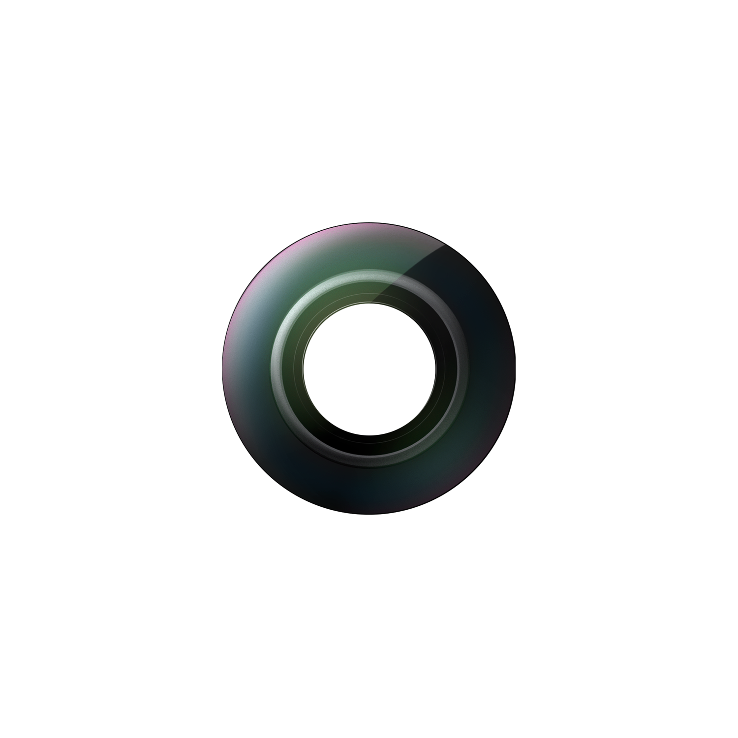 Une lentille circulaire avec des anneaux concentriques, un centre noir et une surface sombre et réfléchissante. Le fond est noir.