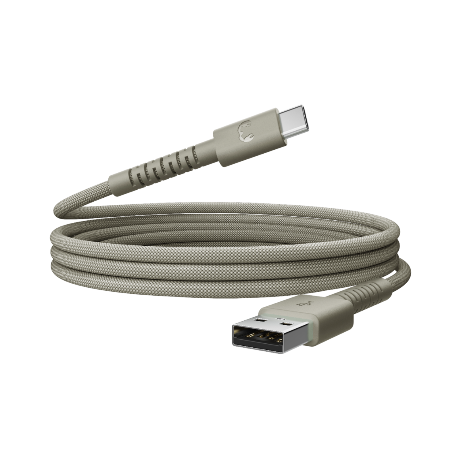 Un câble USB beige avec un connecteur USB-C et USB-A. Le câble est enroulé et a une texture tressée. Fond noir.
