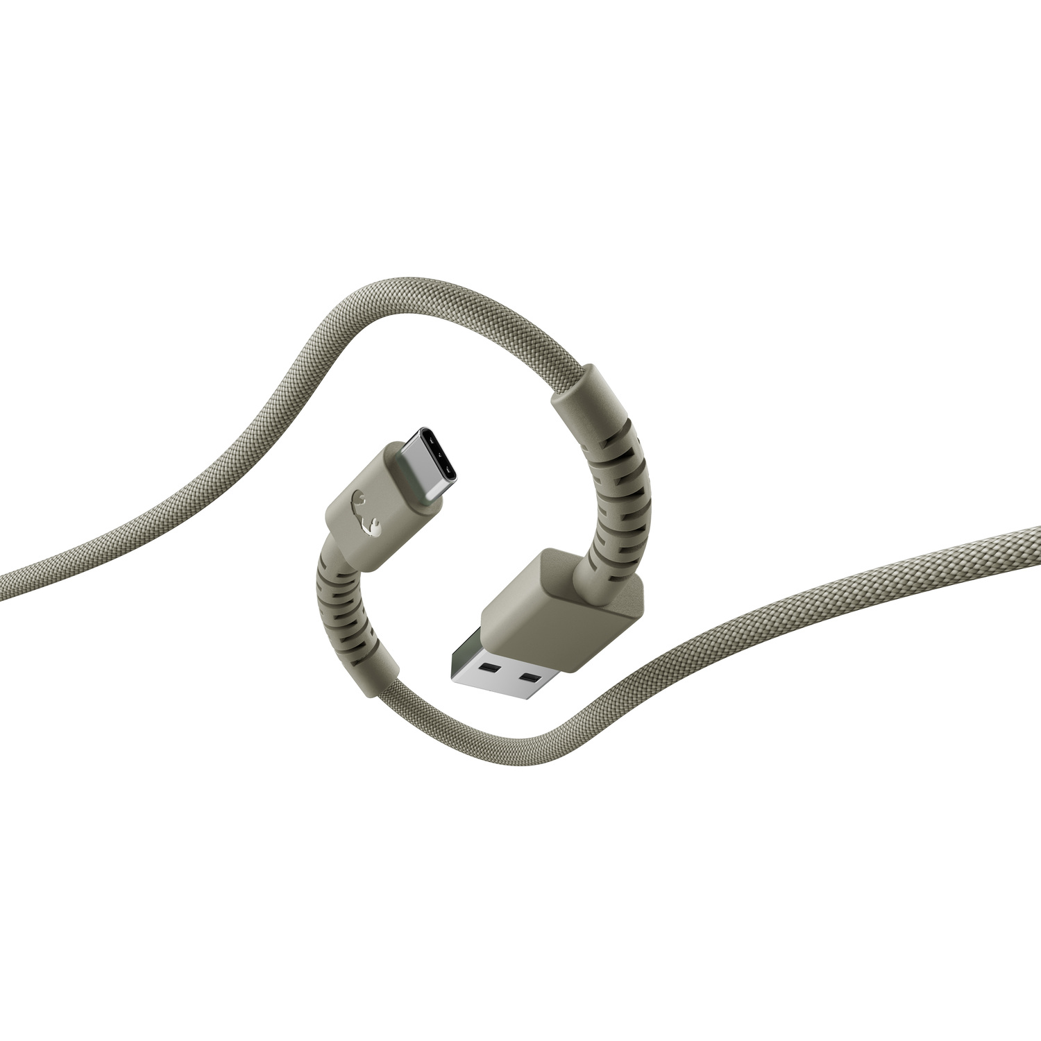 Un câble USB beige avec un connecteur USB-C et un connecteur USB-A sur fond blanc. Le câble est incurvé.