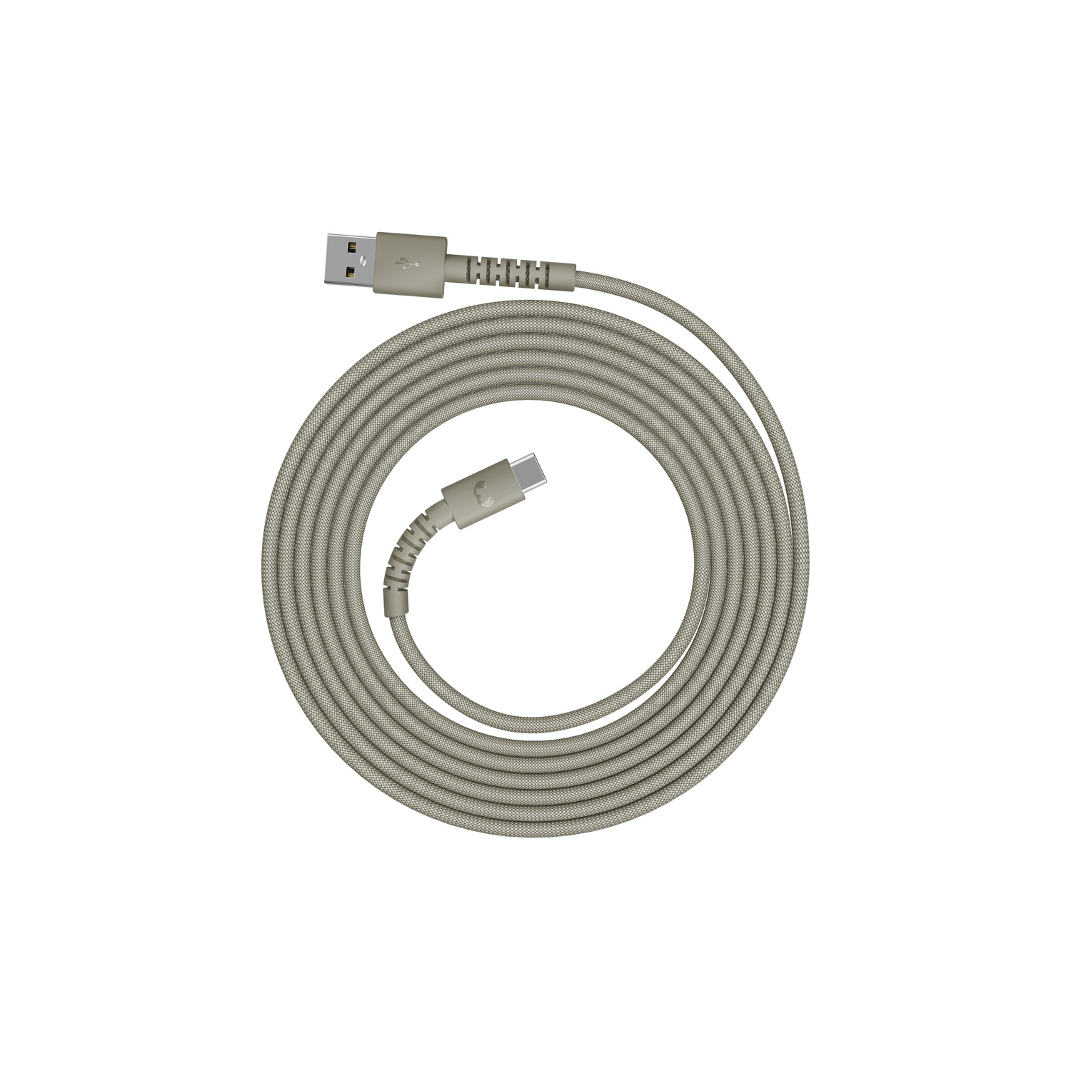 Un câble de chargement USB-C beige enroulé en cercle. Il possède un connecteur USB-A et un connecteur USB-C.