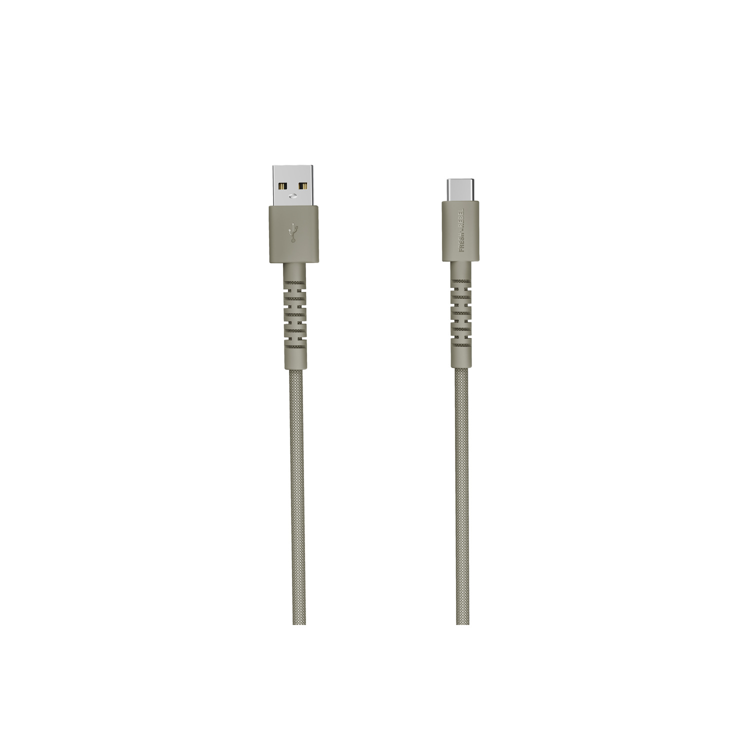 Deux câbles USB beiges sur fond blanc. L'un a un connecteur USB-A, l'autre USB-C. Les deux câbles sont droits.