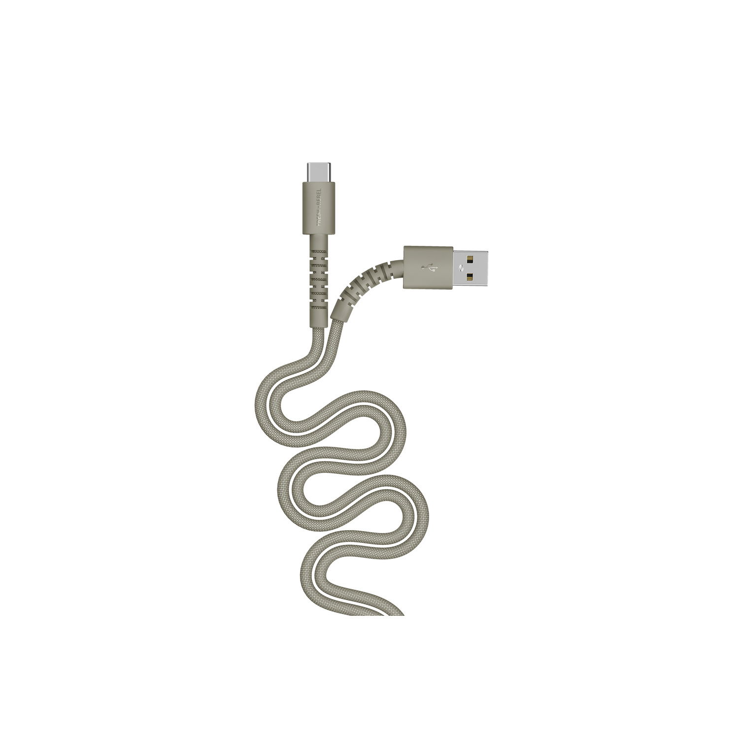 Câble de chargement USB gris avec connecteur USB-C et USB-A, enroulé en motif ondulé, sur fond blanc.