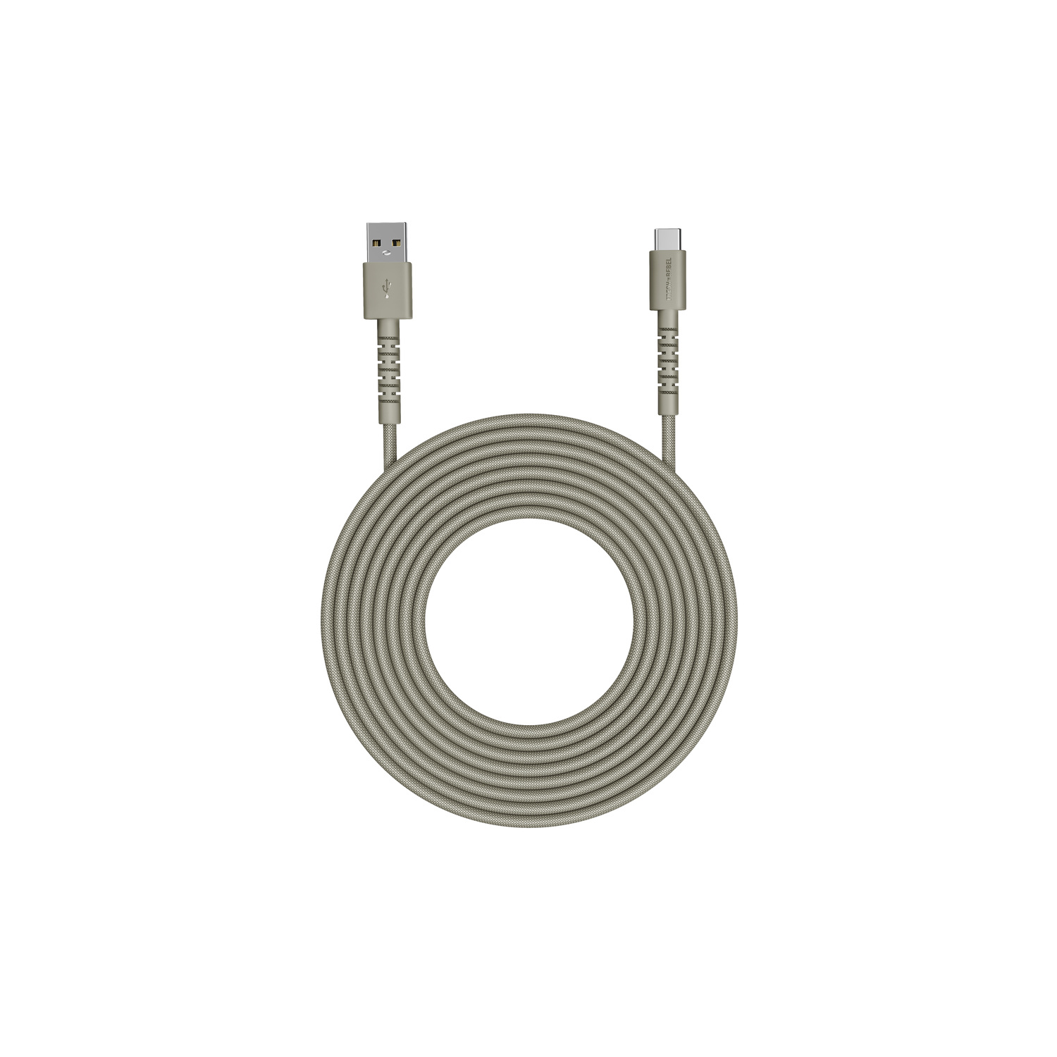 Un câble USB-C gris enroulé avec un connecteur USB-A à une extrémité et un connecteur USB-C à l'autre, sur fond blanc.
