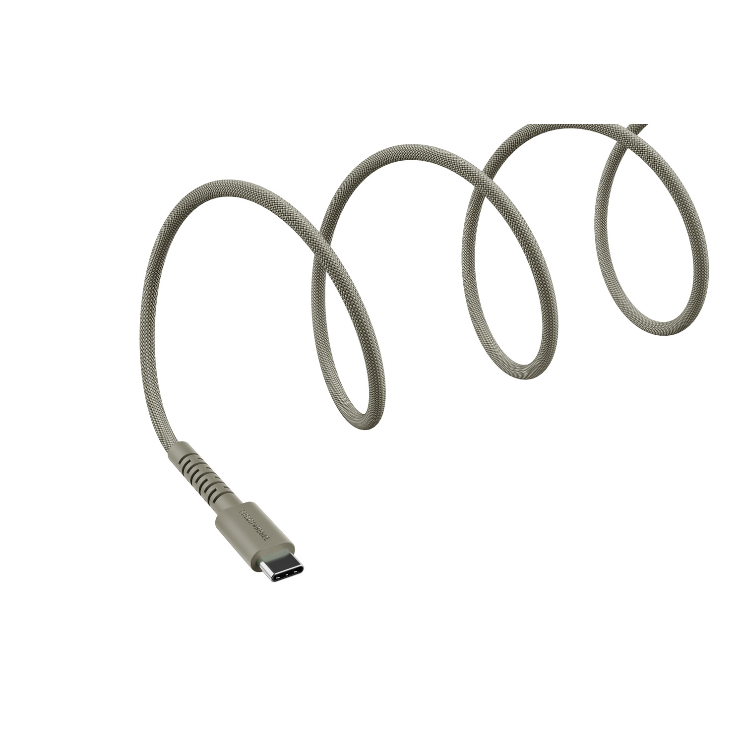 Un câble USB-C gris avec un tissu texturé, enroulé en boucles. Le connecteur est visible, et le fond est blanc.
