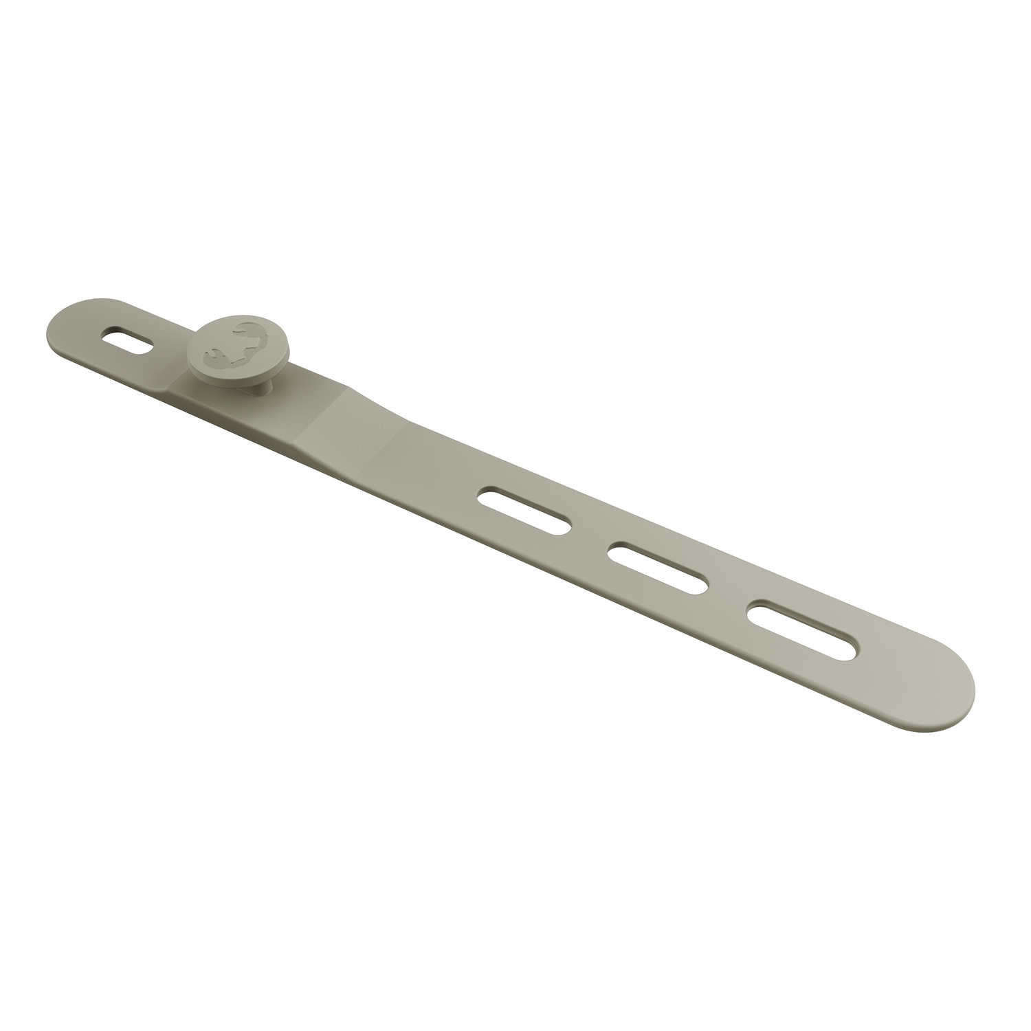 Une pièce de matériel en plastique gris clair avec un bouton rond et plusieurs trous allongés.
